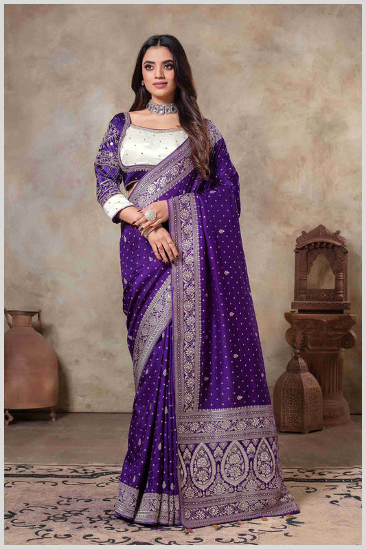 Purple Banarasi Silk Saree with Stitched Blouse