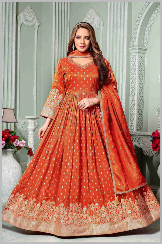 Radiate Grace in This Timeless Rust Tissue Silk Anarkali Gown