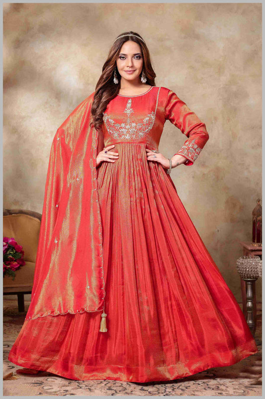 Crimson Red Anarkali with Golden Thread Embroidery