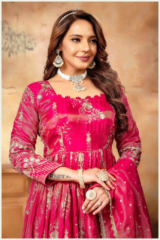 Fiery Pink Embroidered Anarkali with Golden Accents