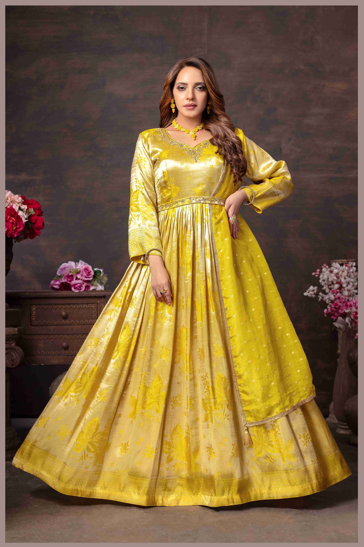Yellow Beige Anarkali with Rani Pink Dupatta