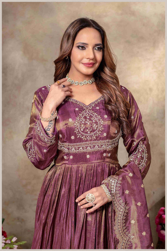 Deep Wine Gown with Zari and Dupatta