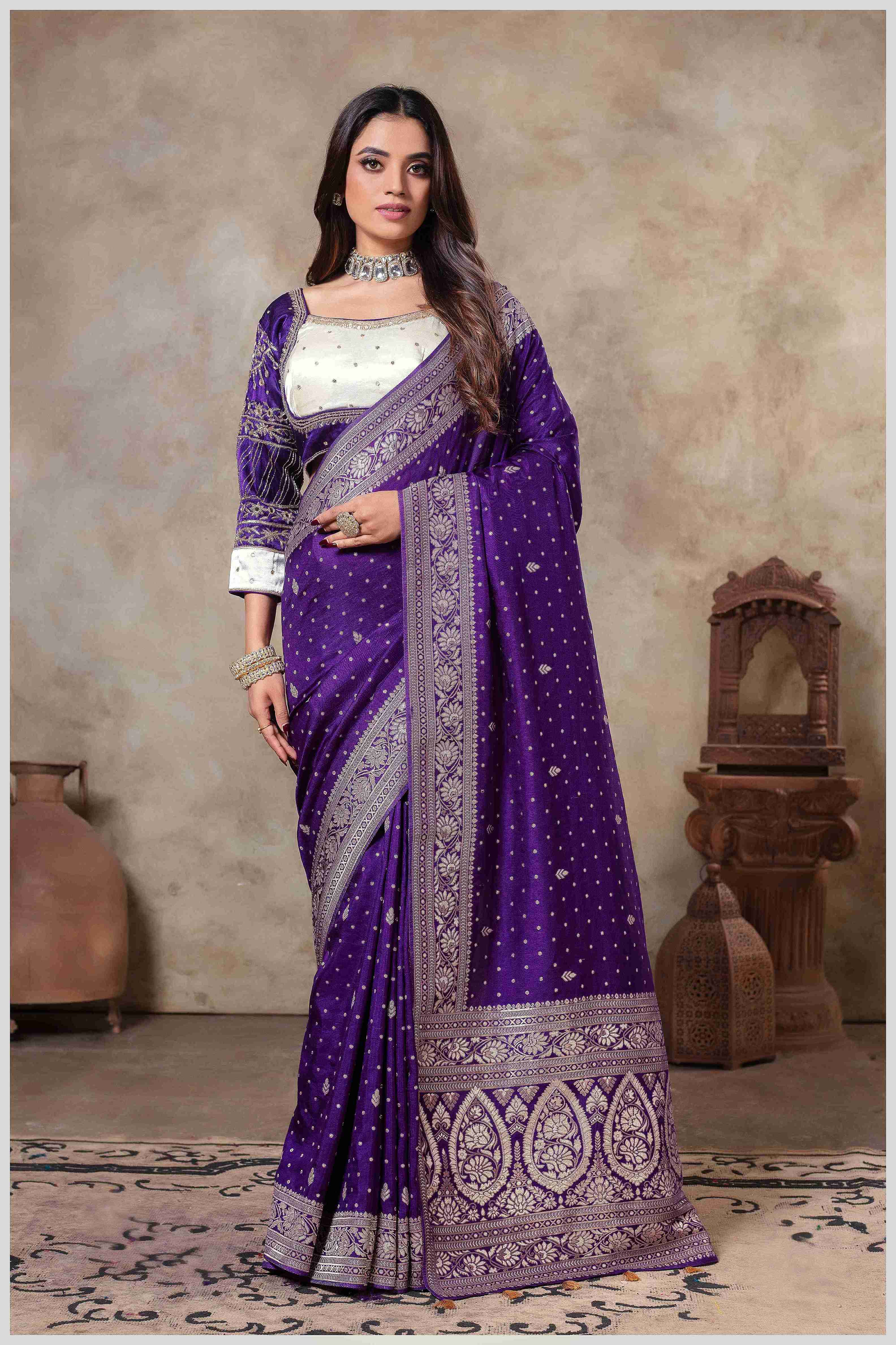 Purple Banarasi Silk Saree with Stitched Blouse