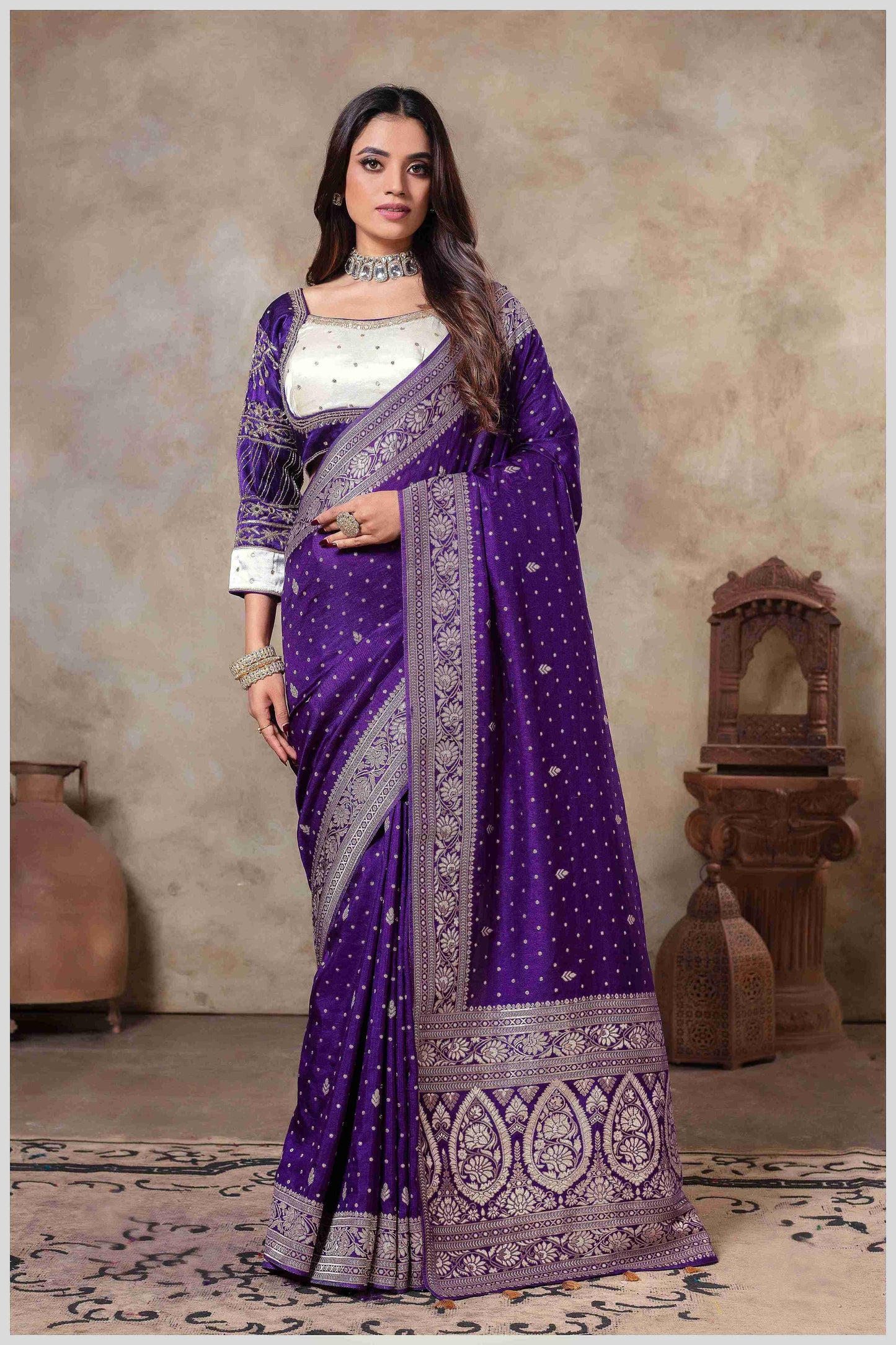 Purple Banarasi Silk Saree with Stitched Blouse