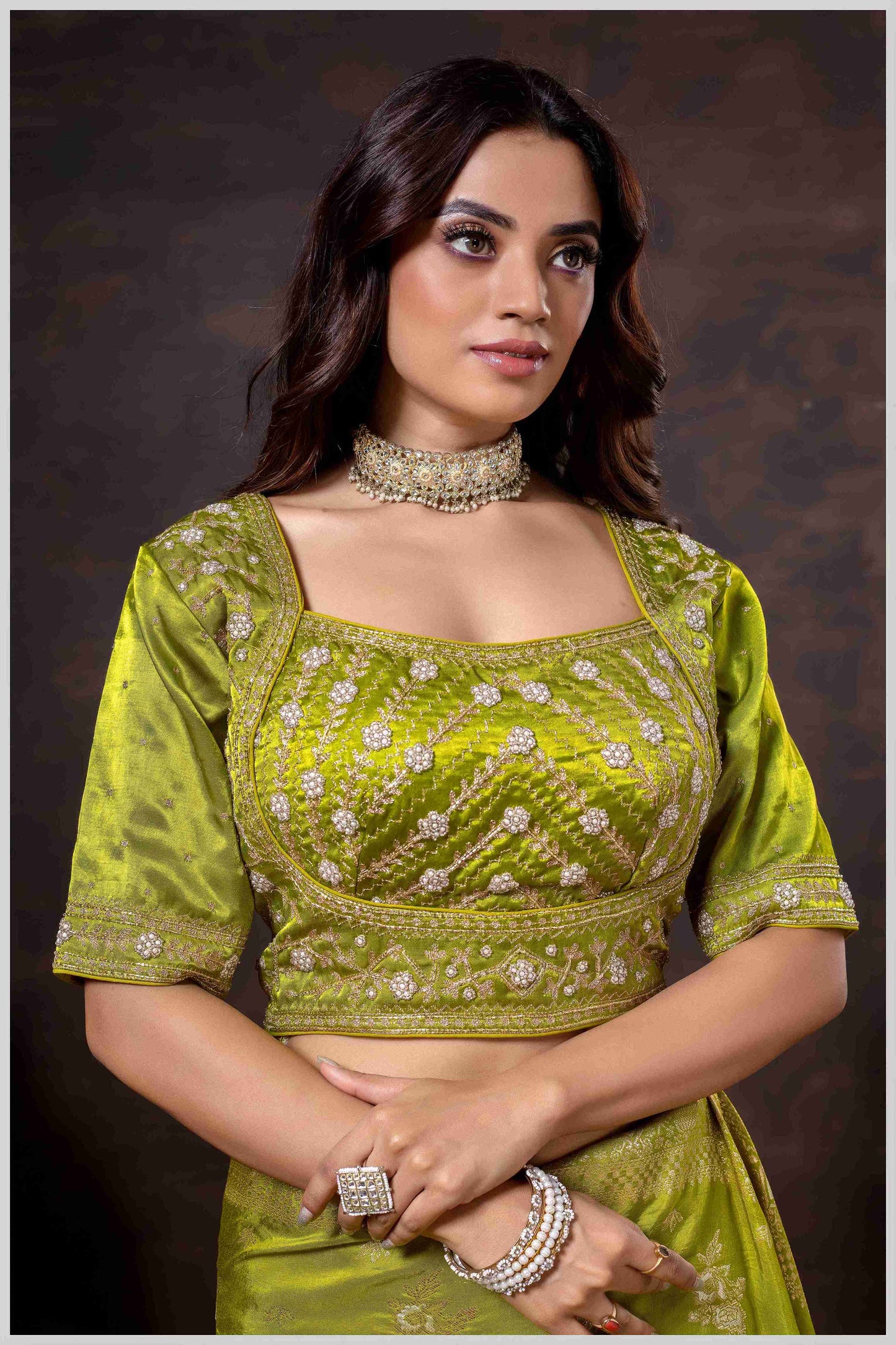Regal Mehendi Zari Woven Silk Saree with Stitched Designer Blouse.