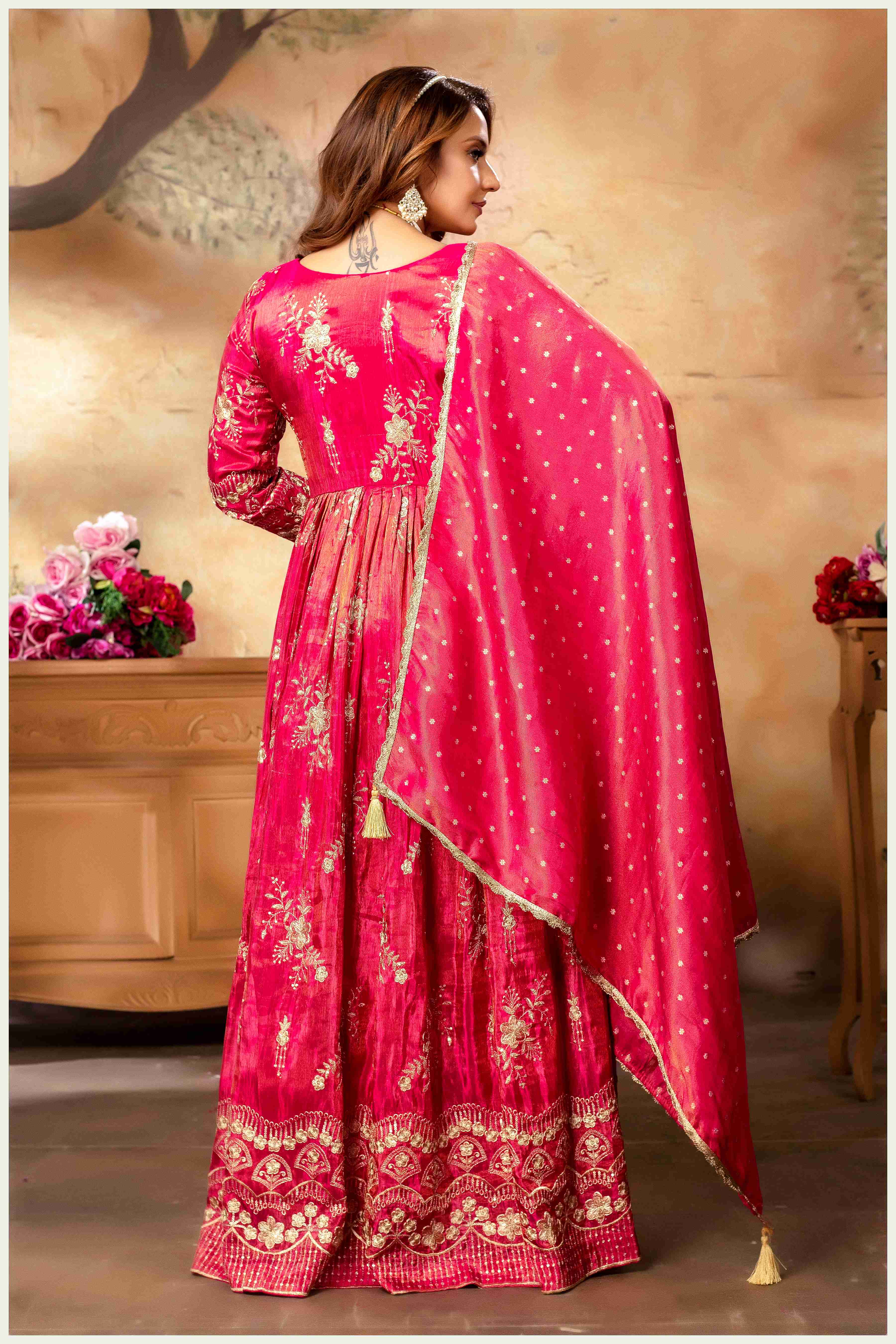 Fiery Pink Embroidered Anarkali with Golden Accents