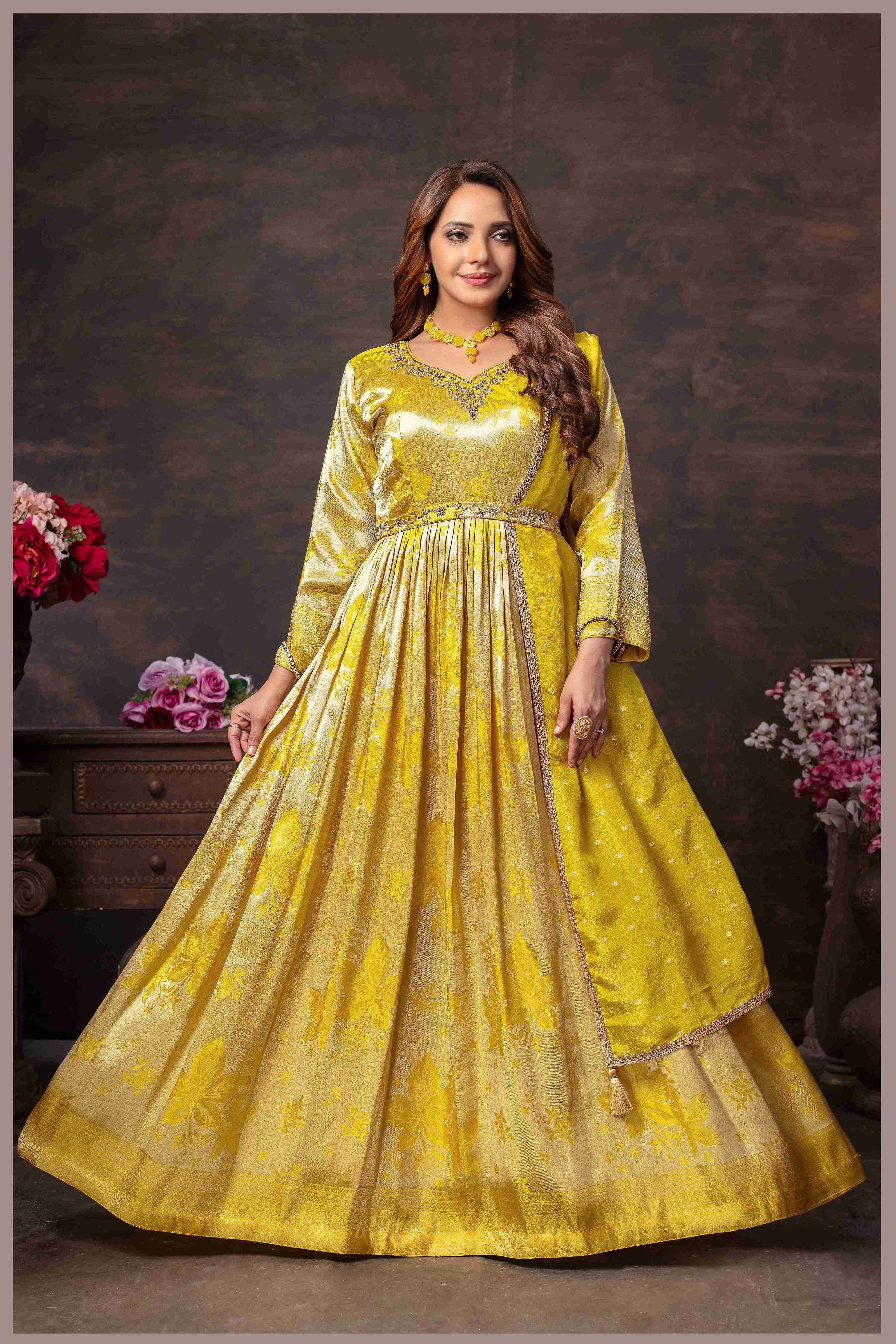 Yellow Beige Anarkali with Rani Pink Dupatta