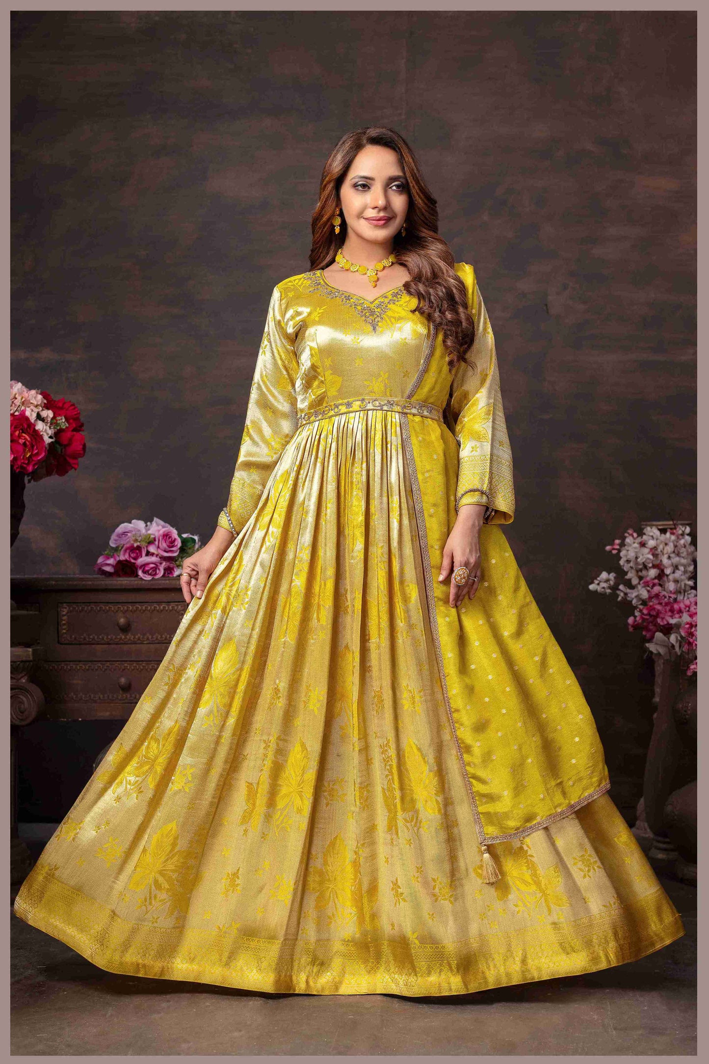 Yellow Beige Anarkali with Rani Pink Dupatta