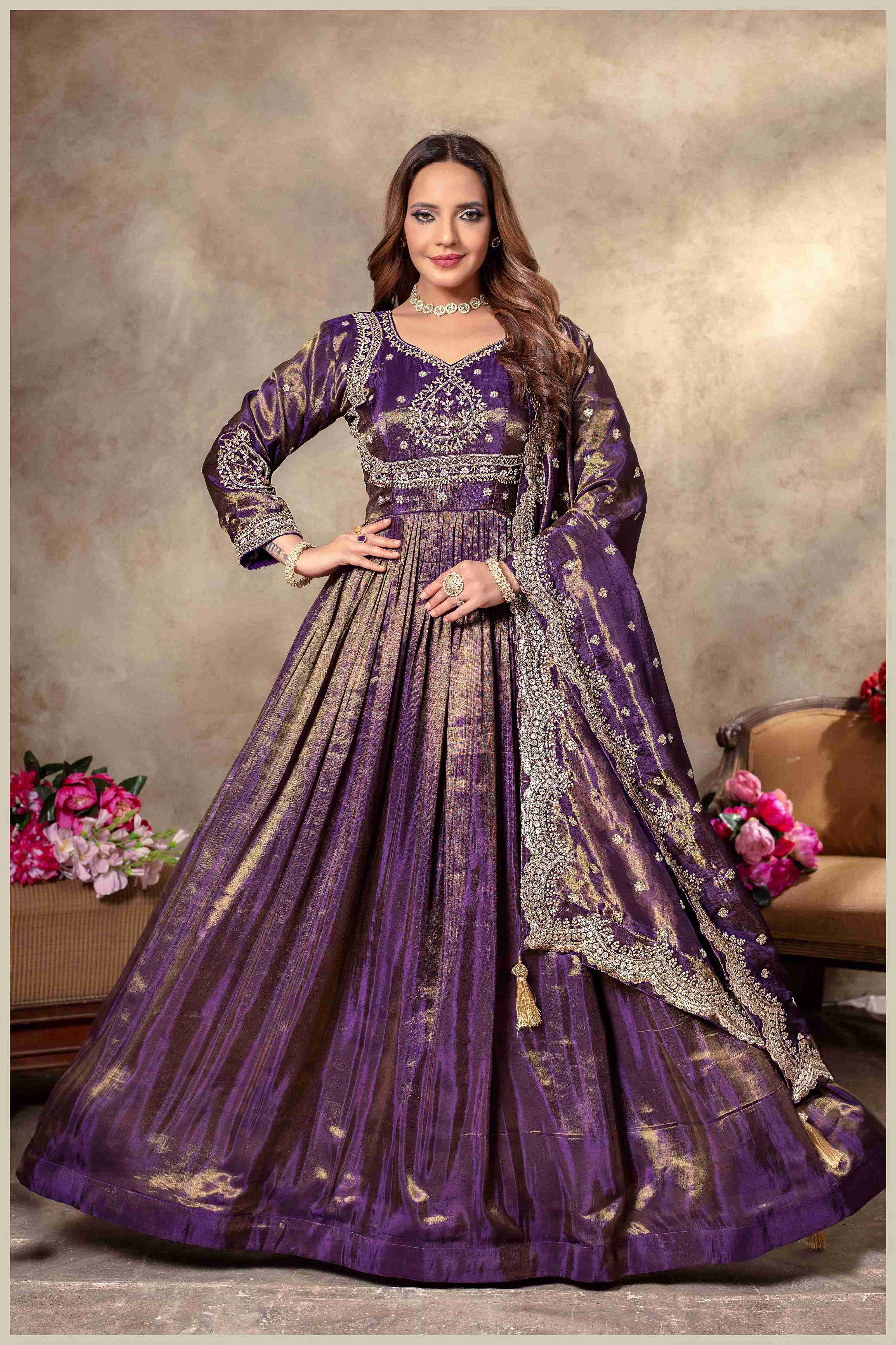 Royal Purple Gown with Zari and Dupatta