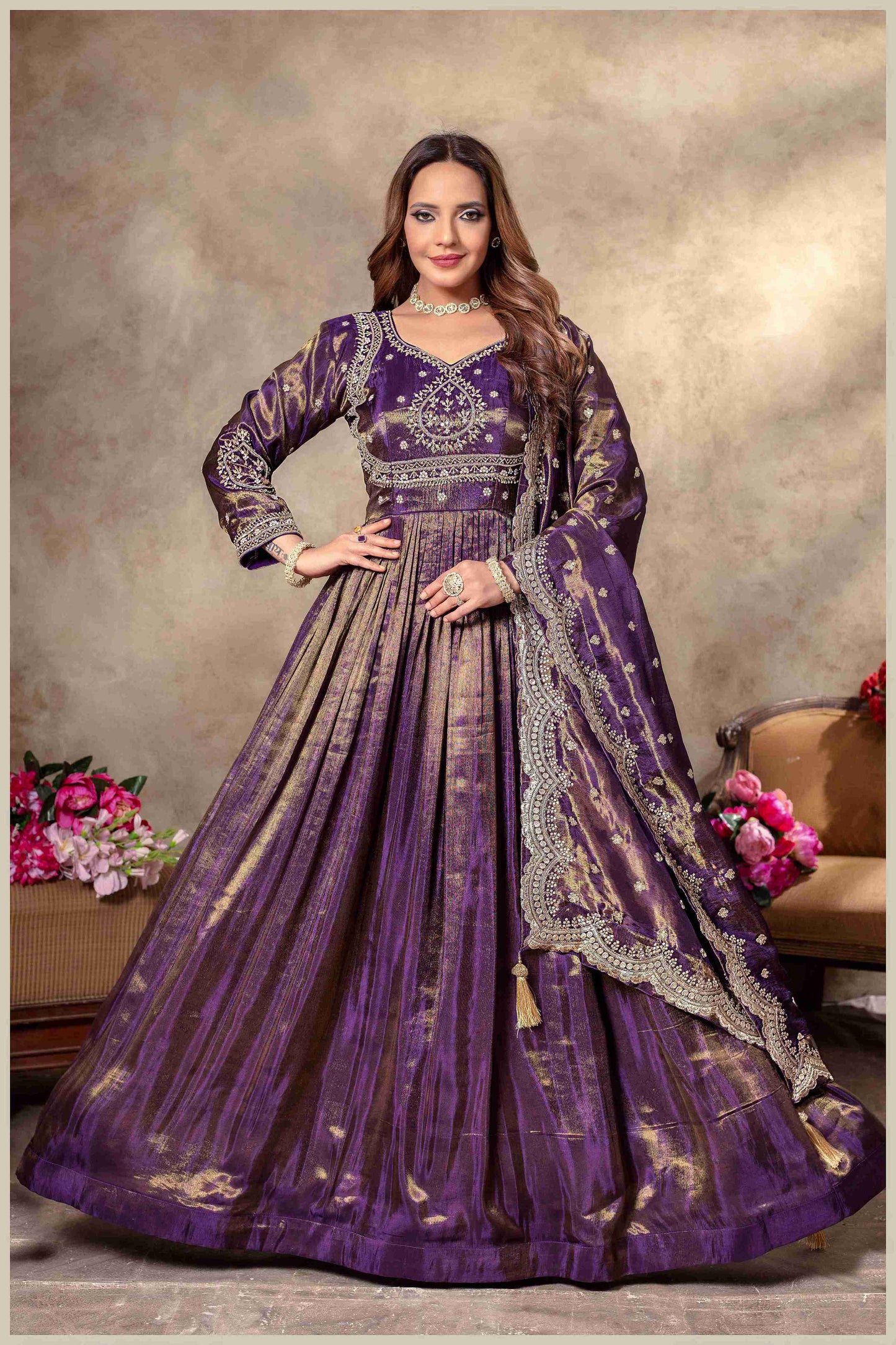 Royal Purple Gown with Zari and Dupatta