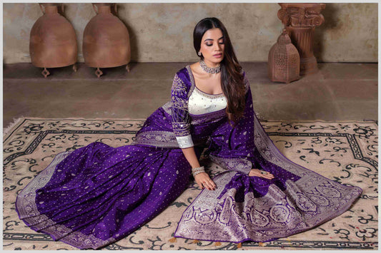 Purple Banarasi Silk Saree with Stitched Blouse