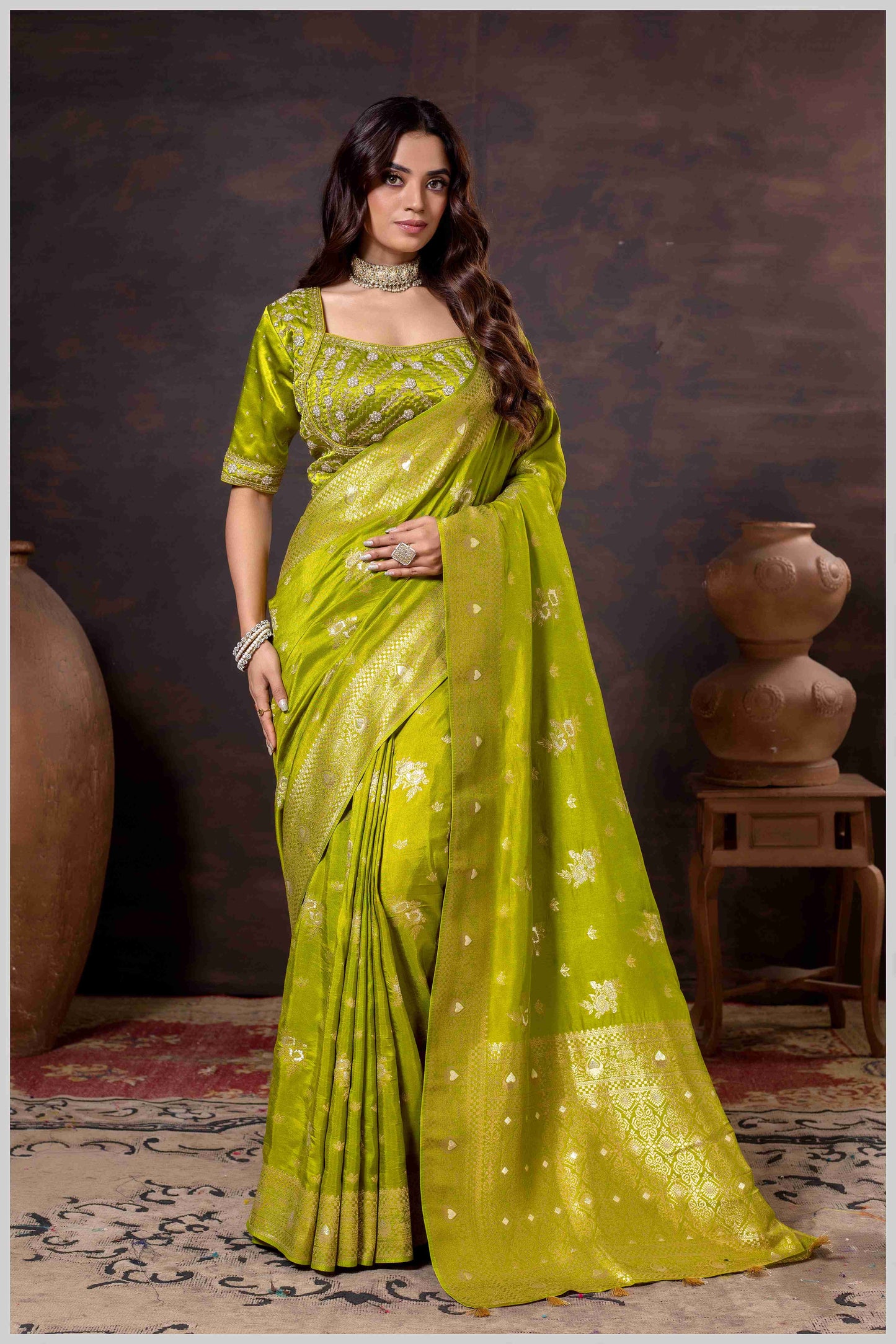 Regal Mehendi Zari Woven Silk Saree with Stitched Designer Blouse.