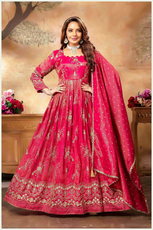 Fiery Pink Embroidered Anarkali with Golden Accents