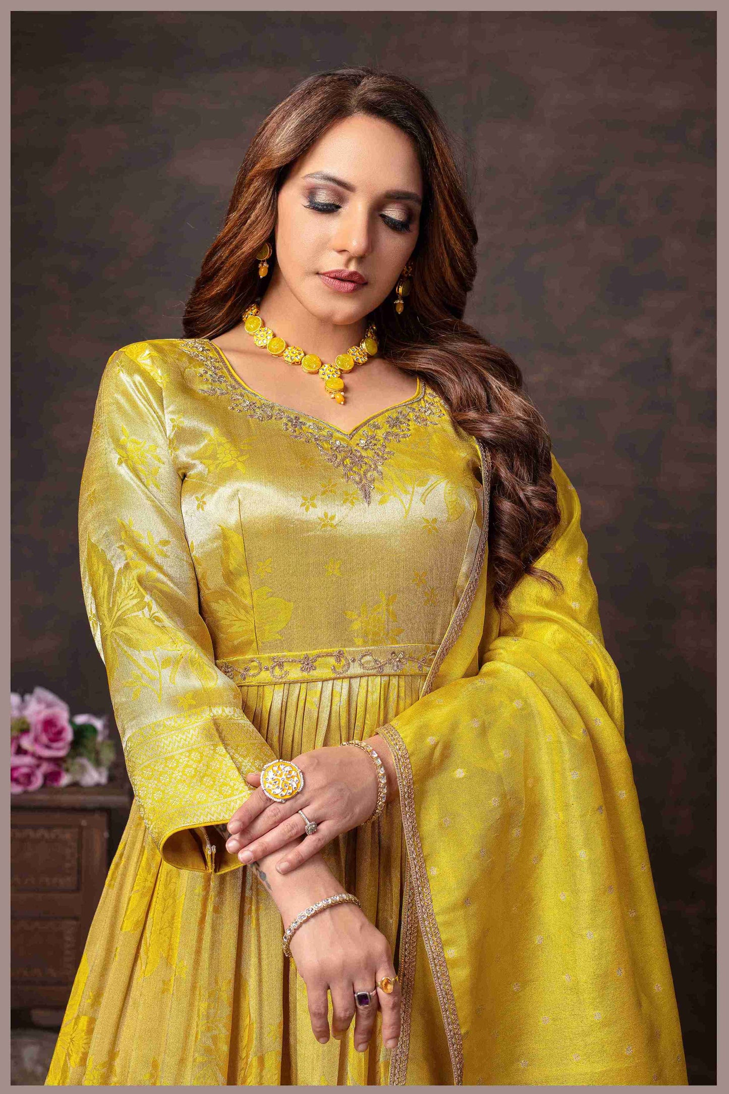 Yellow Beige Anarkali with Rani Pink Dupatta
