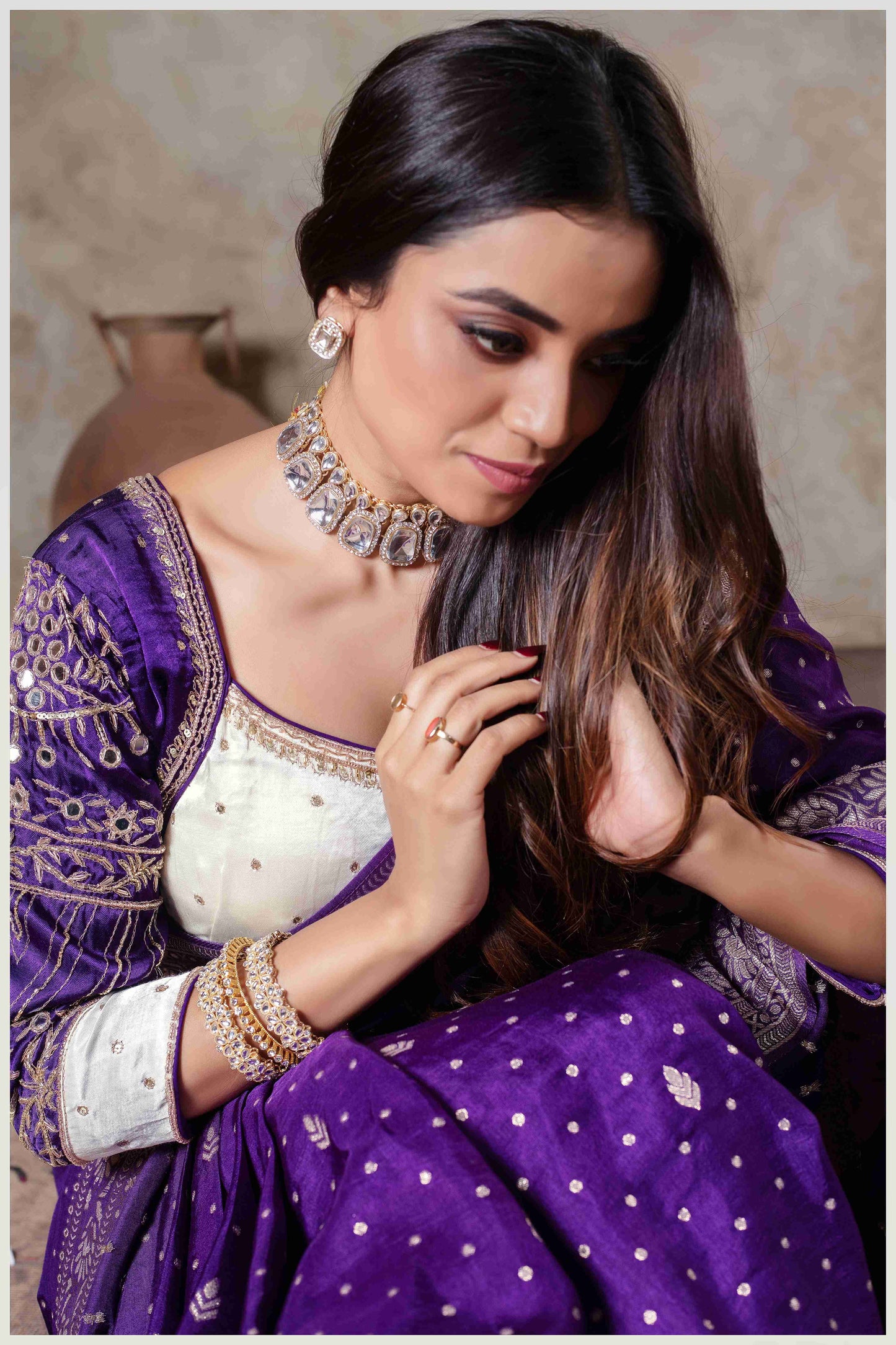 Purple Banarasi Silk Saree with Stitched Blouse