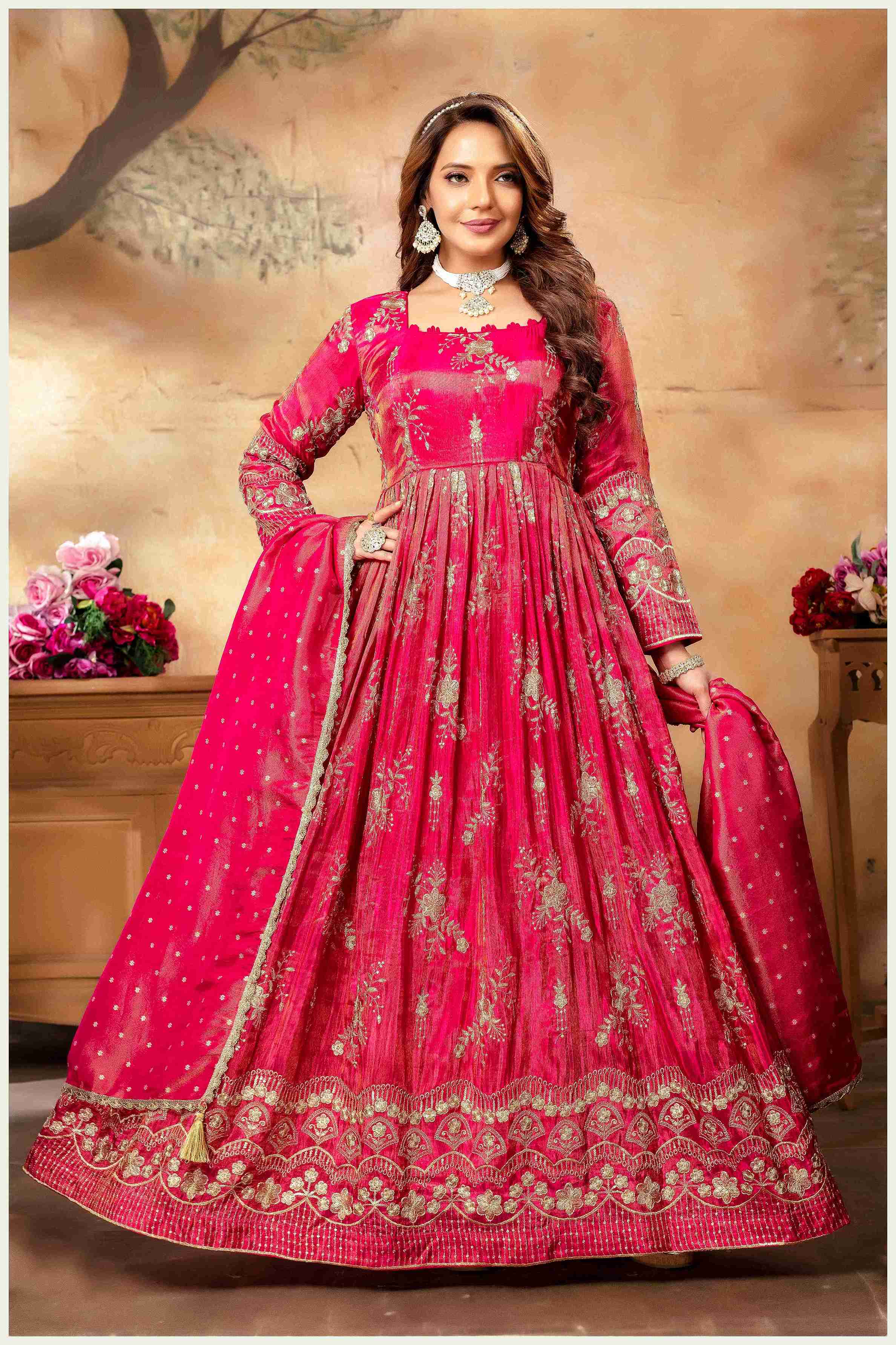Fiery Pink Embroidered Anarkali with Golden Accents
