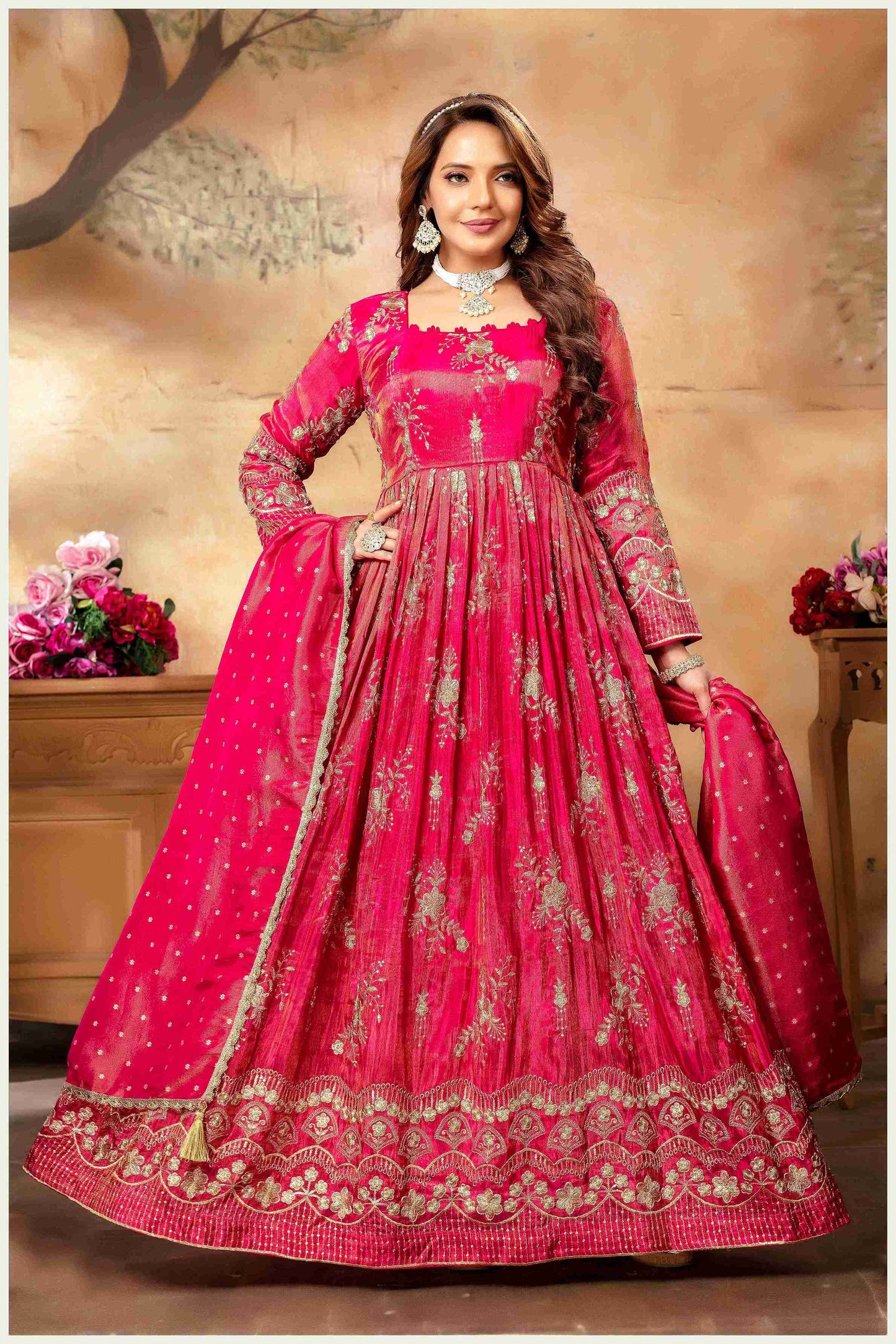 Fiery Pink Embroidered Anarkali with Golden Accents