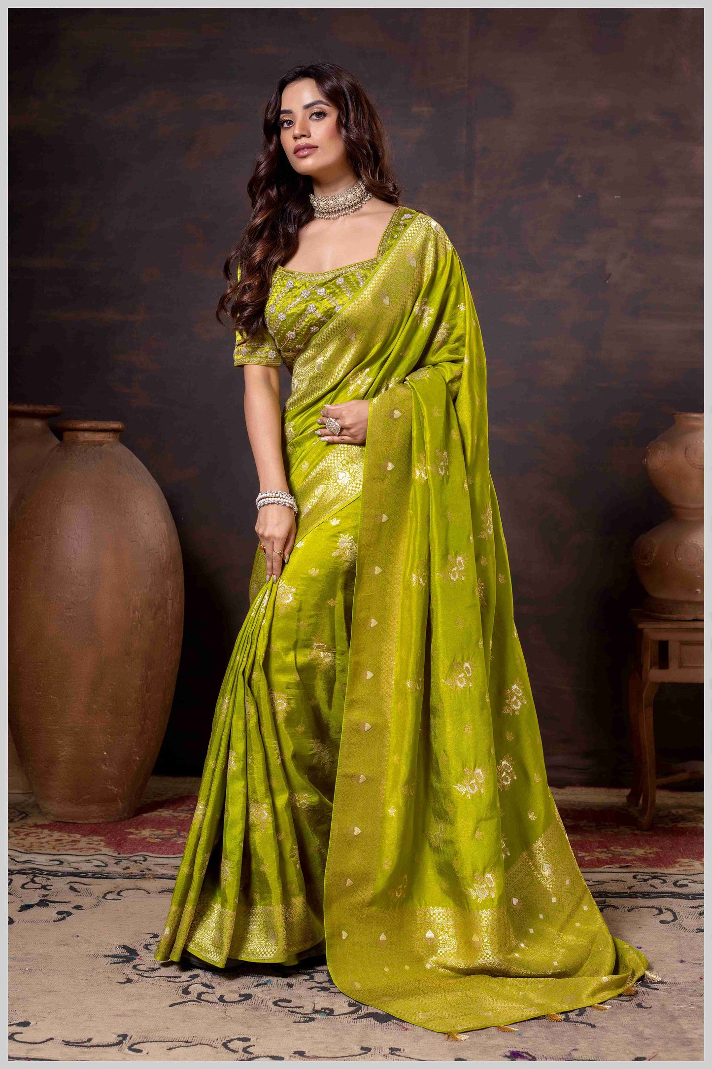 Regal Mehendi Zari Woven Silk Saree with Stitched Designer Blouse.