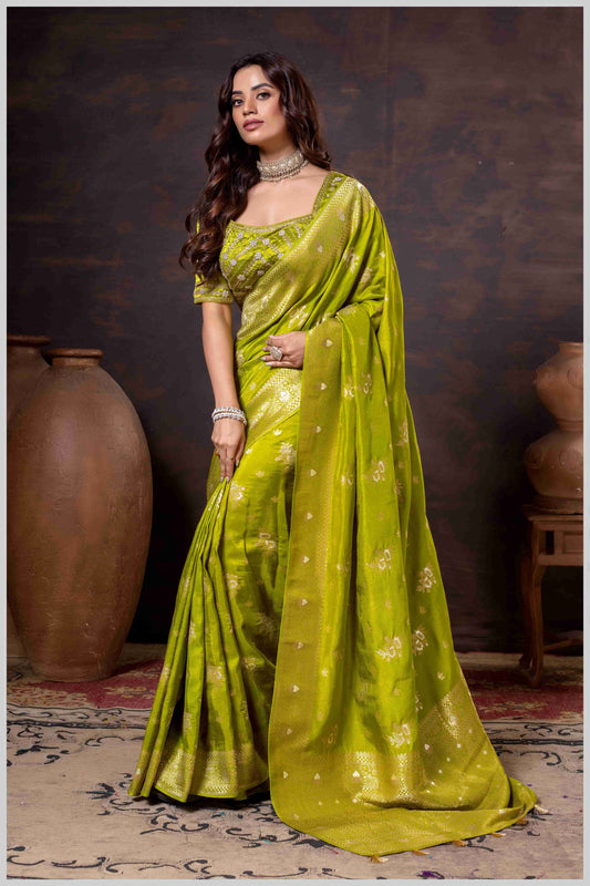 Regal Mehendi Zari Woven Silk Saree with Stitched Designer Blouse.