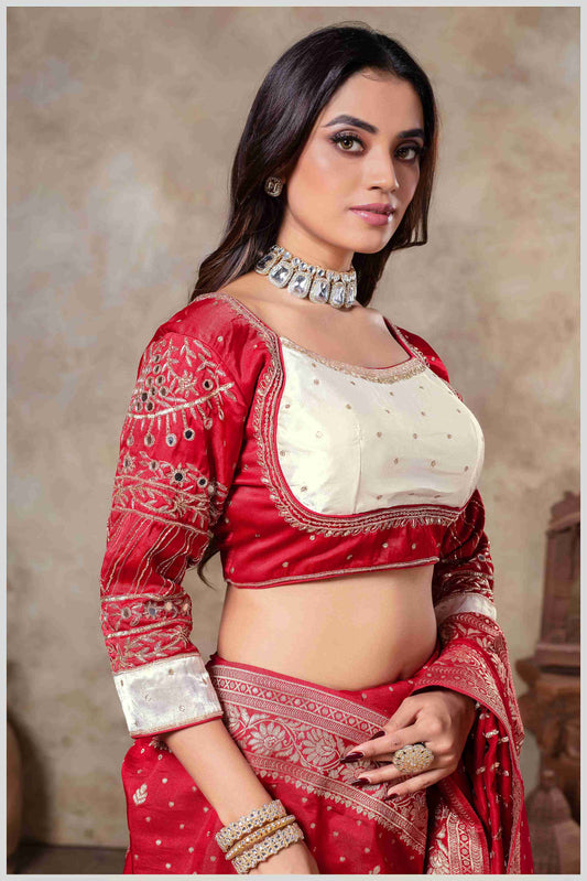 Red Banarasi Silk Saree with Stitched Blouse