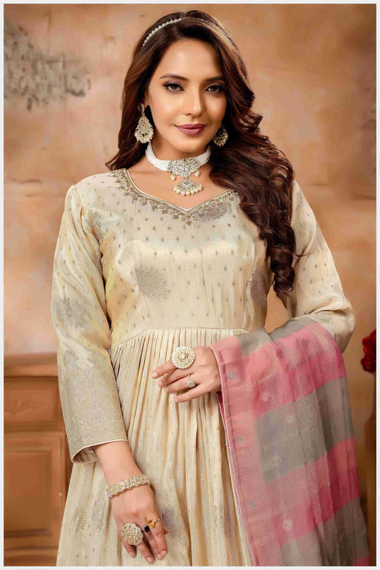 Elegant Beige Anarkali Gown with Dupatta