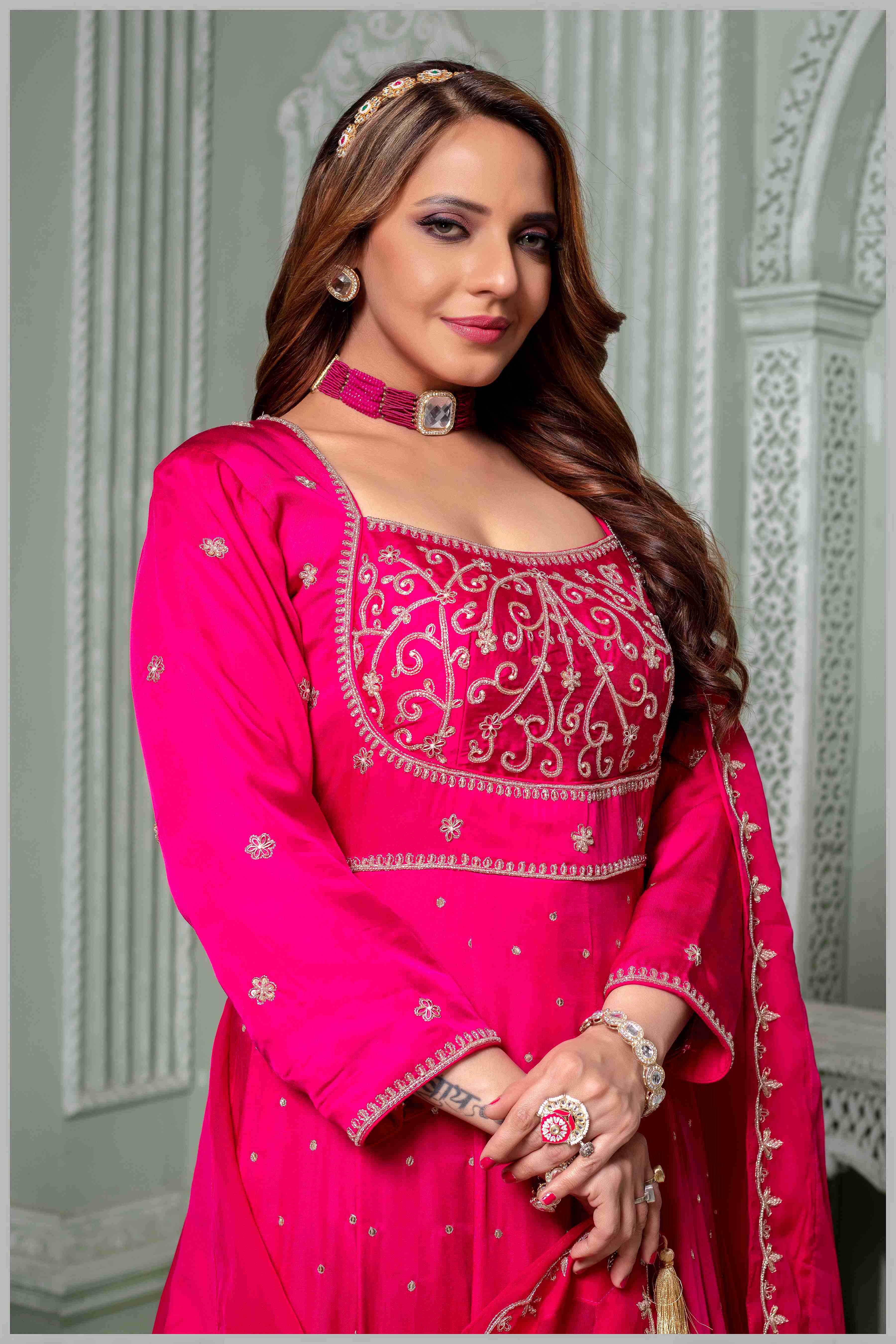 Dark Pink Embroidered Anarkali Set.