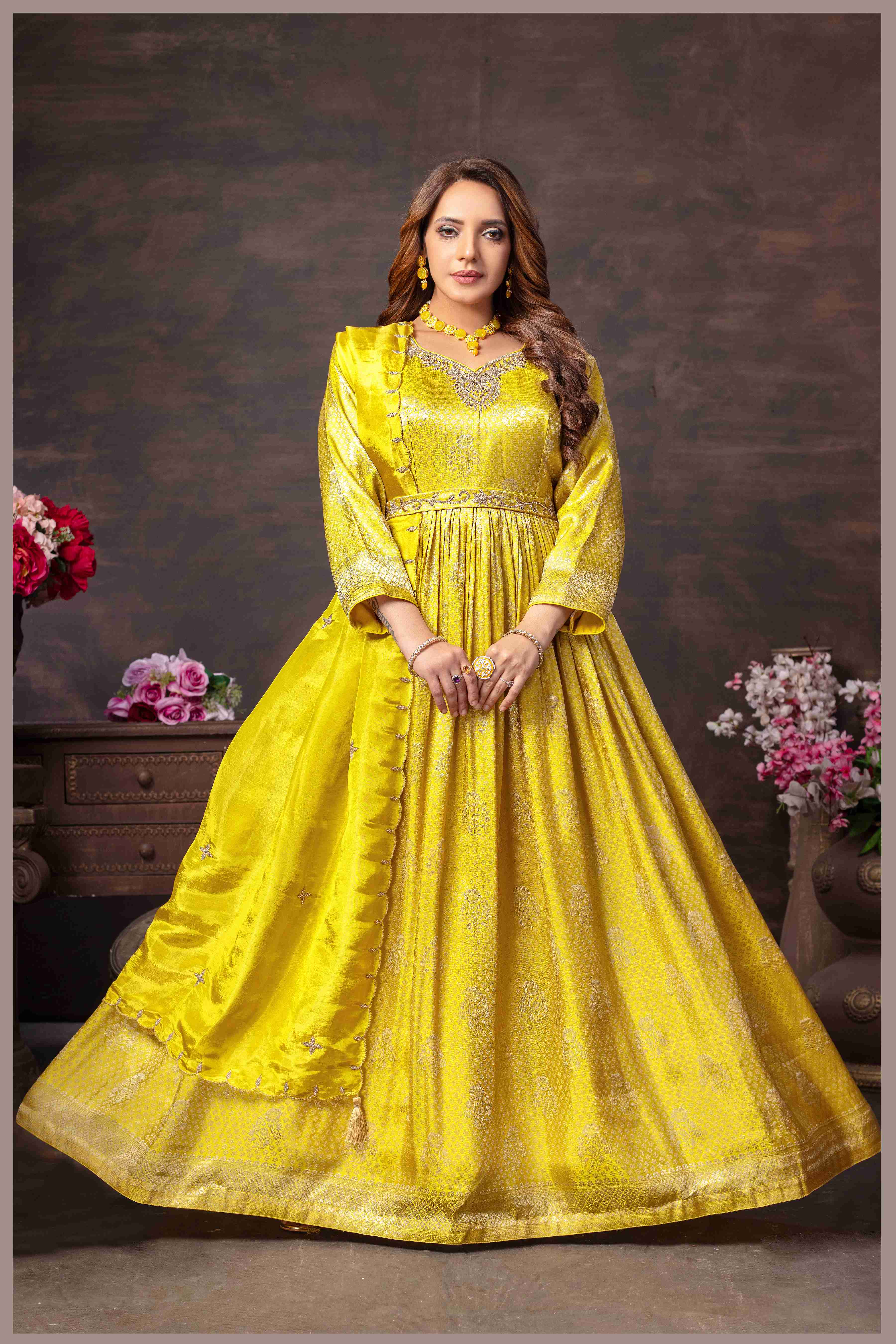 Lime Yellow Tissue Anarkali Gown