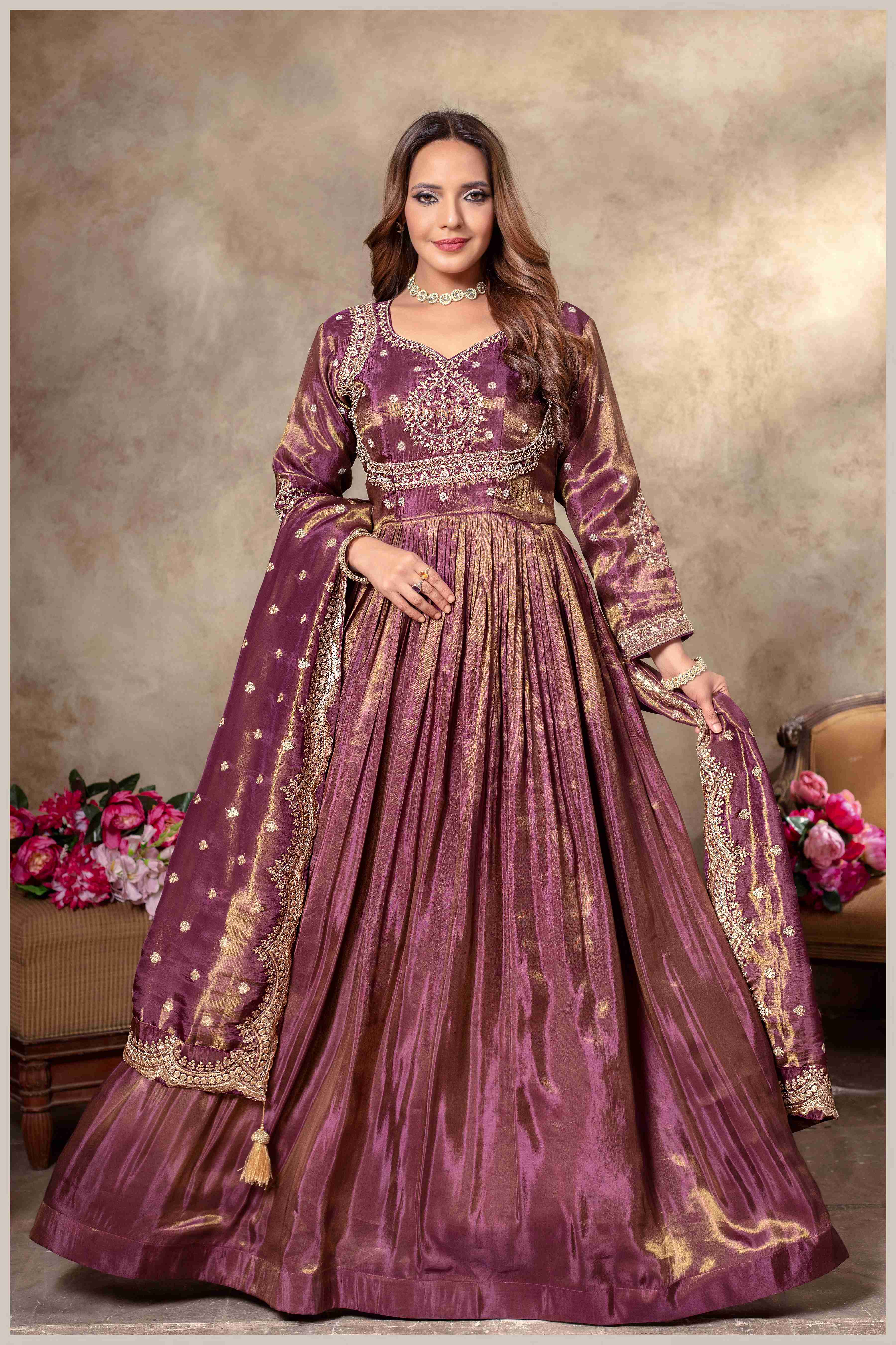 Deep Wine Gown with Zari and Dupatta