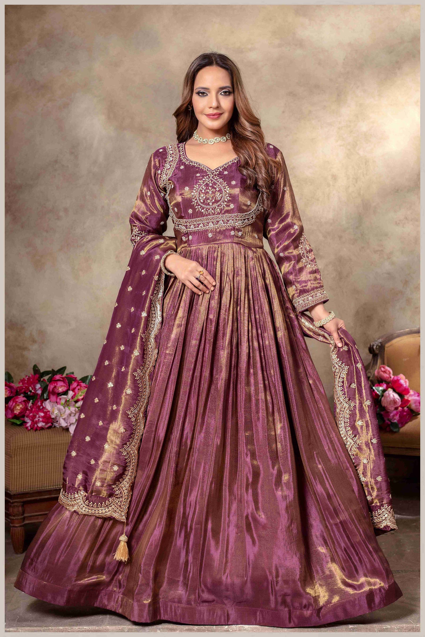 Deep Wine Gown with Zari and Dupatta