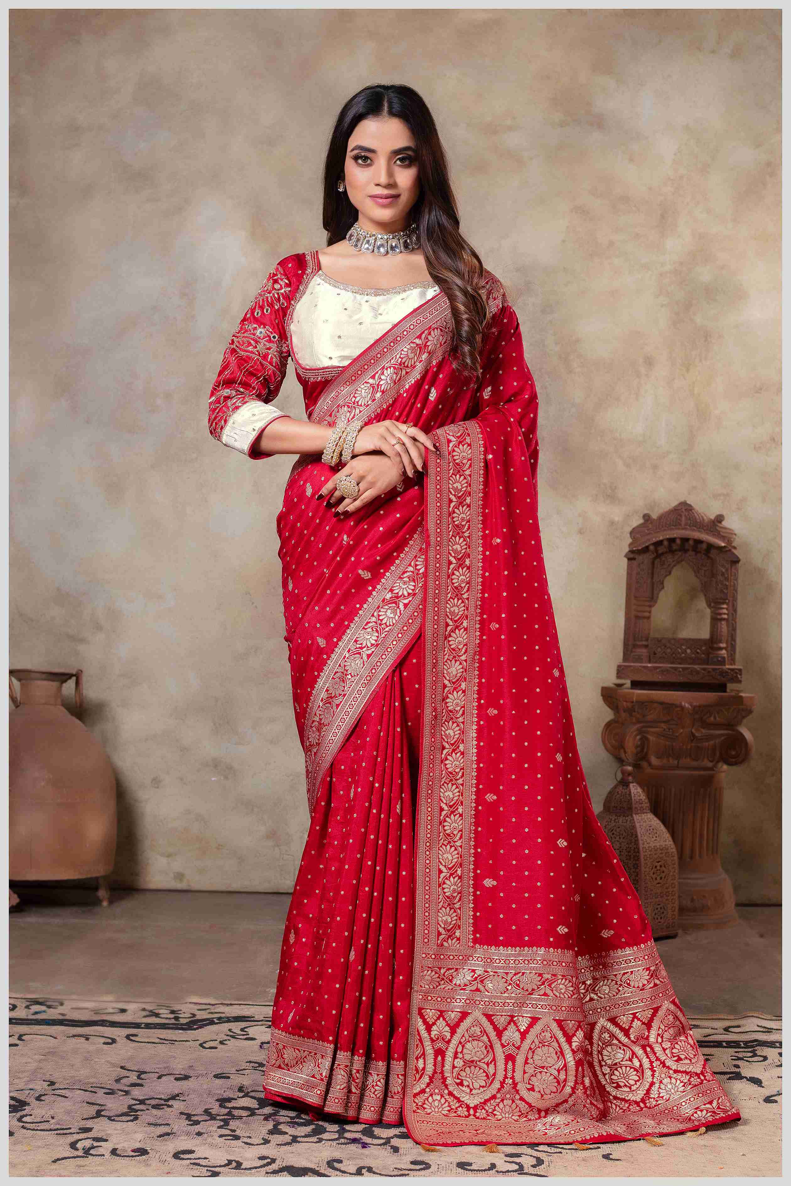 Red Banarasi Silk Saree with Stitched Blouse