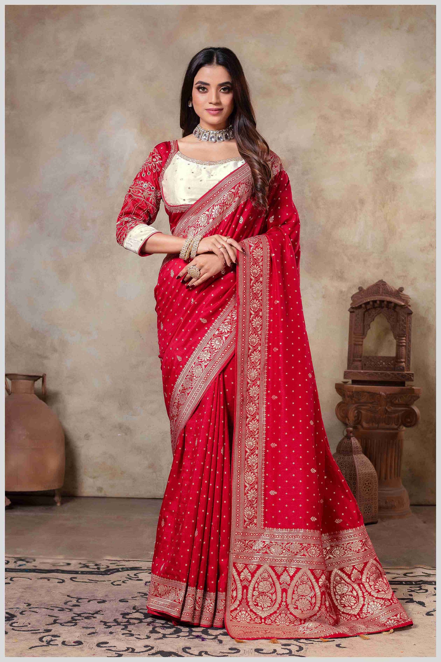 Red Banarasi Silk Saree with Stitched Blouse