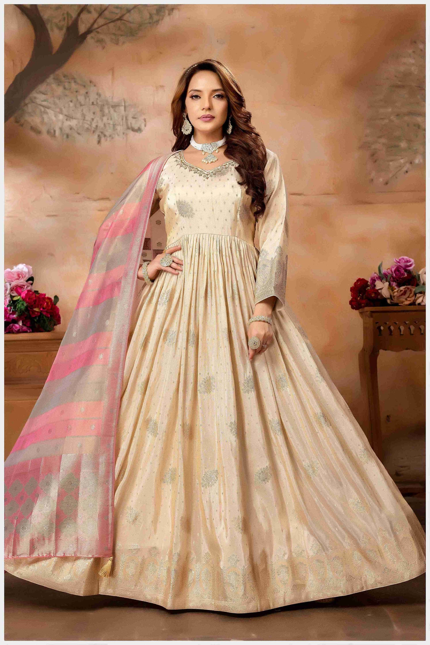 Elegant Beige Anarkali Gown with Dupatta