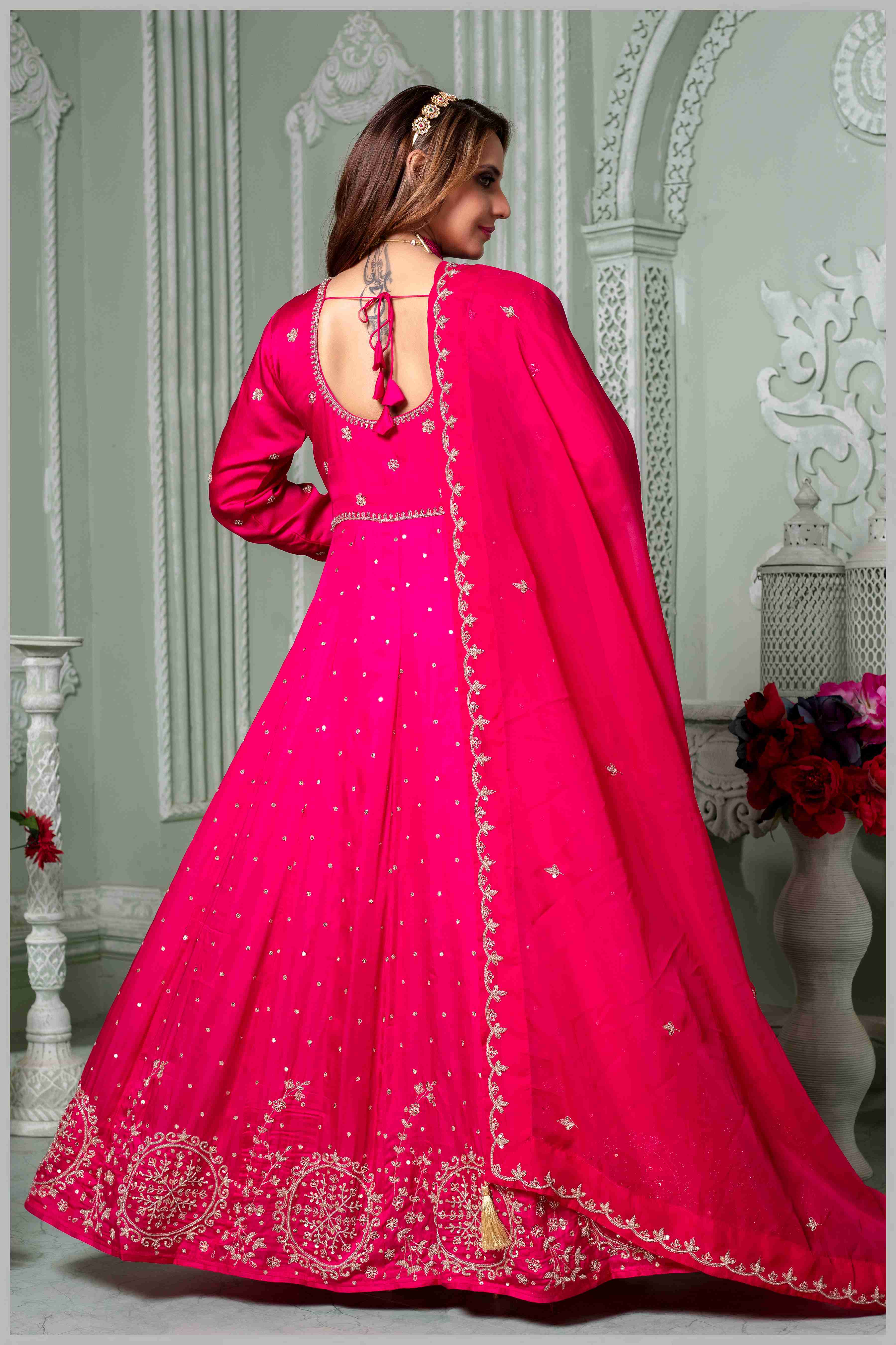 Dark Pink Embroidered Anarkali Set.