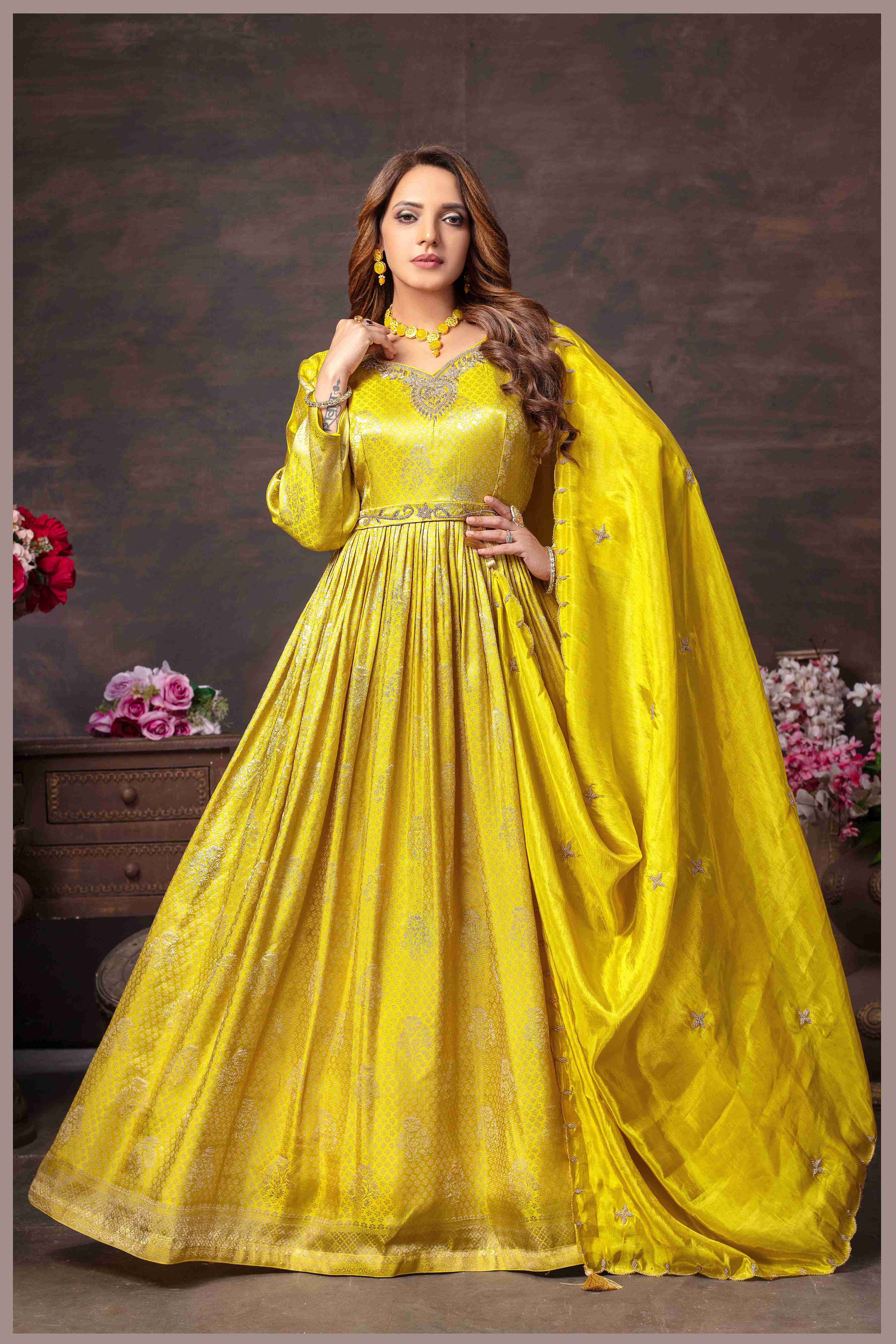 Lime Yellow Tissue Anarkali Gown