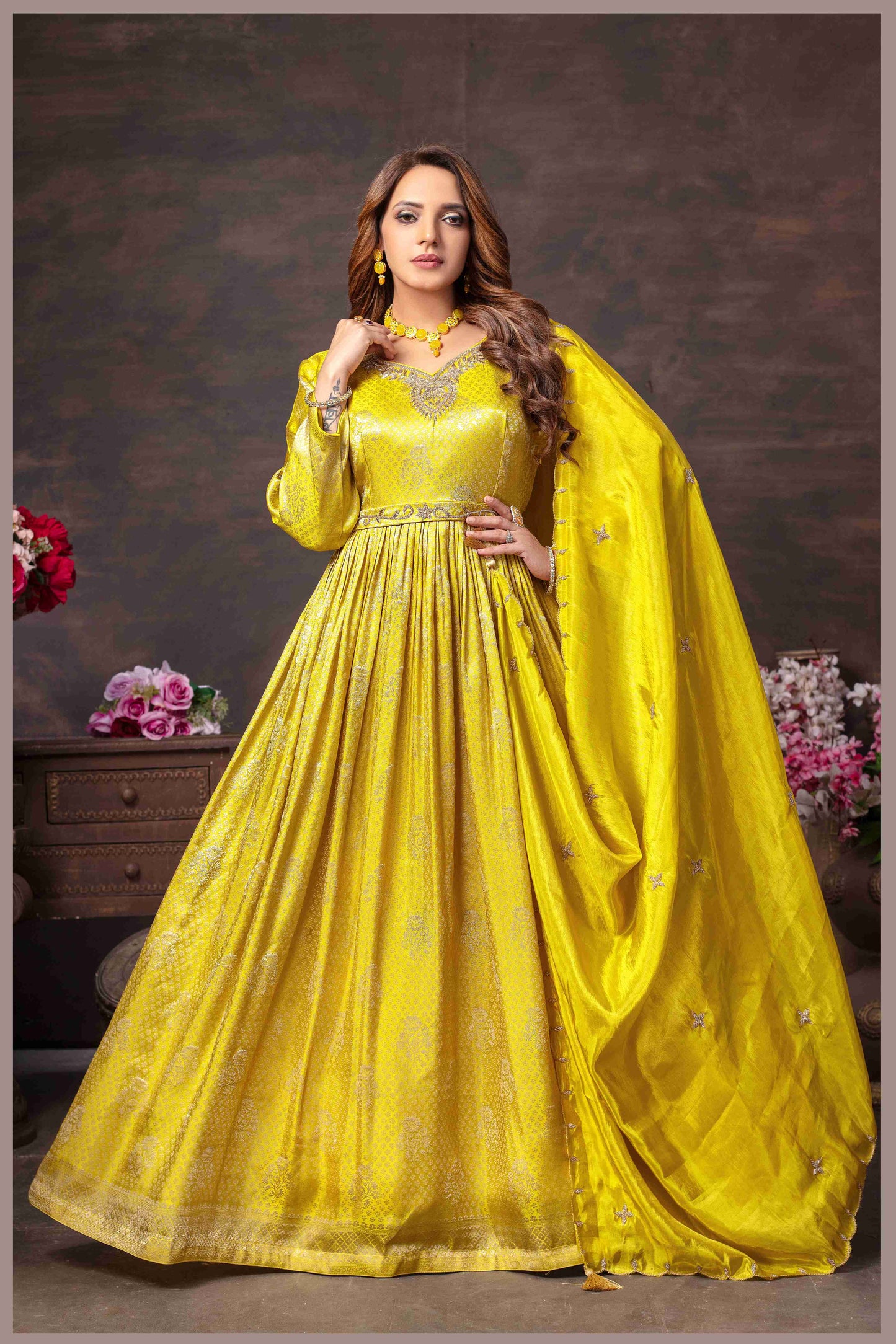 Lime Yellow Tissue Anarkali Gown