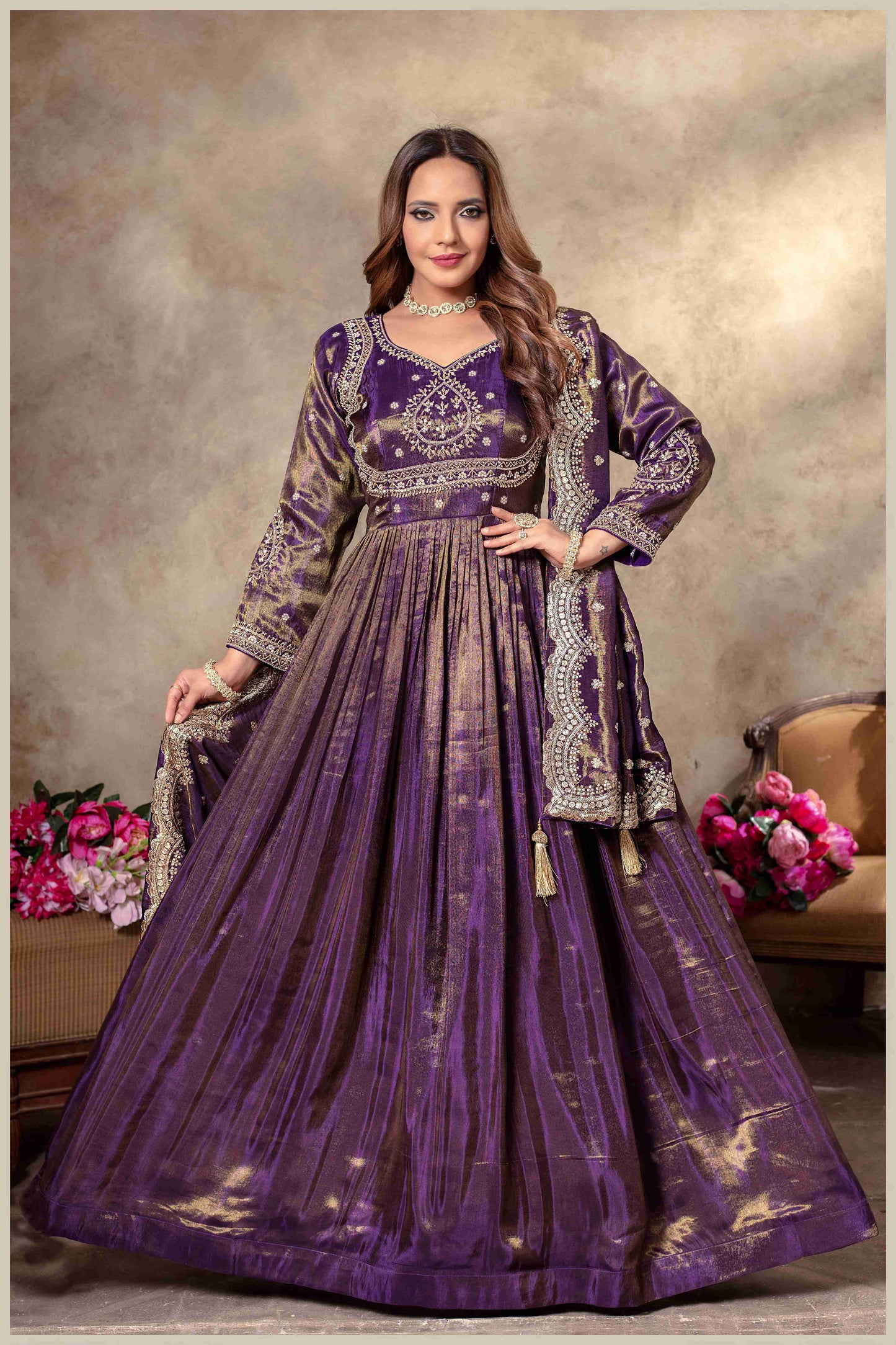 Royal Purple Gown with Zari and Dupatta
