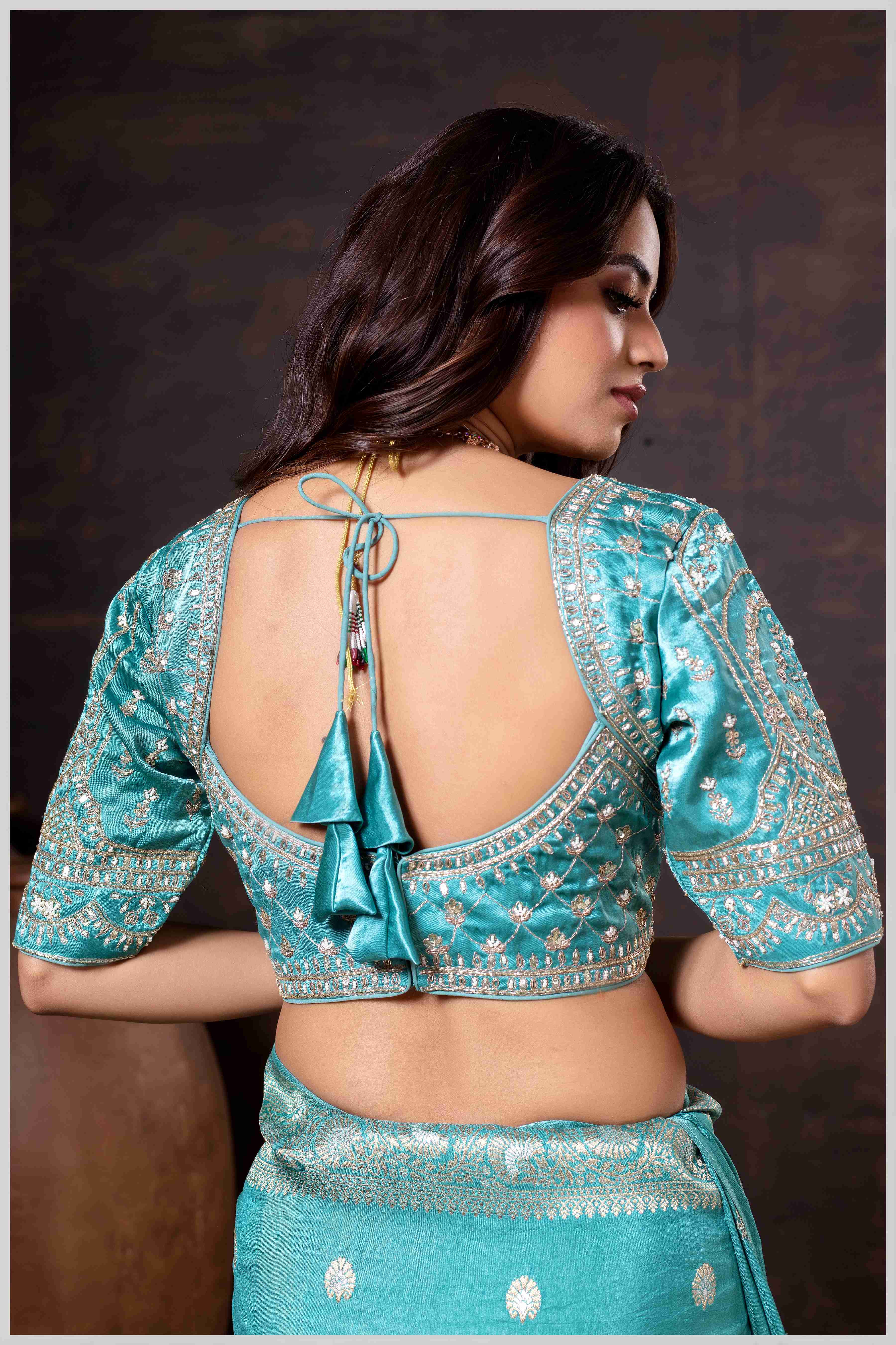 Charming Turquoise Banarasi Silk Saree with Embroidered Designer Blouse