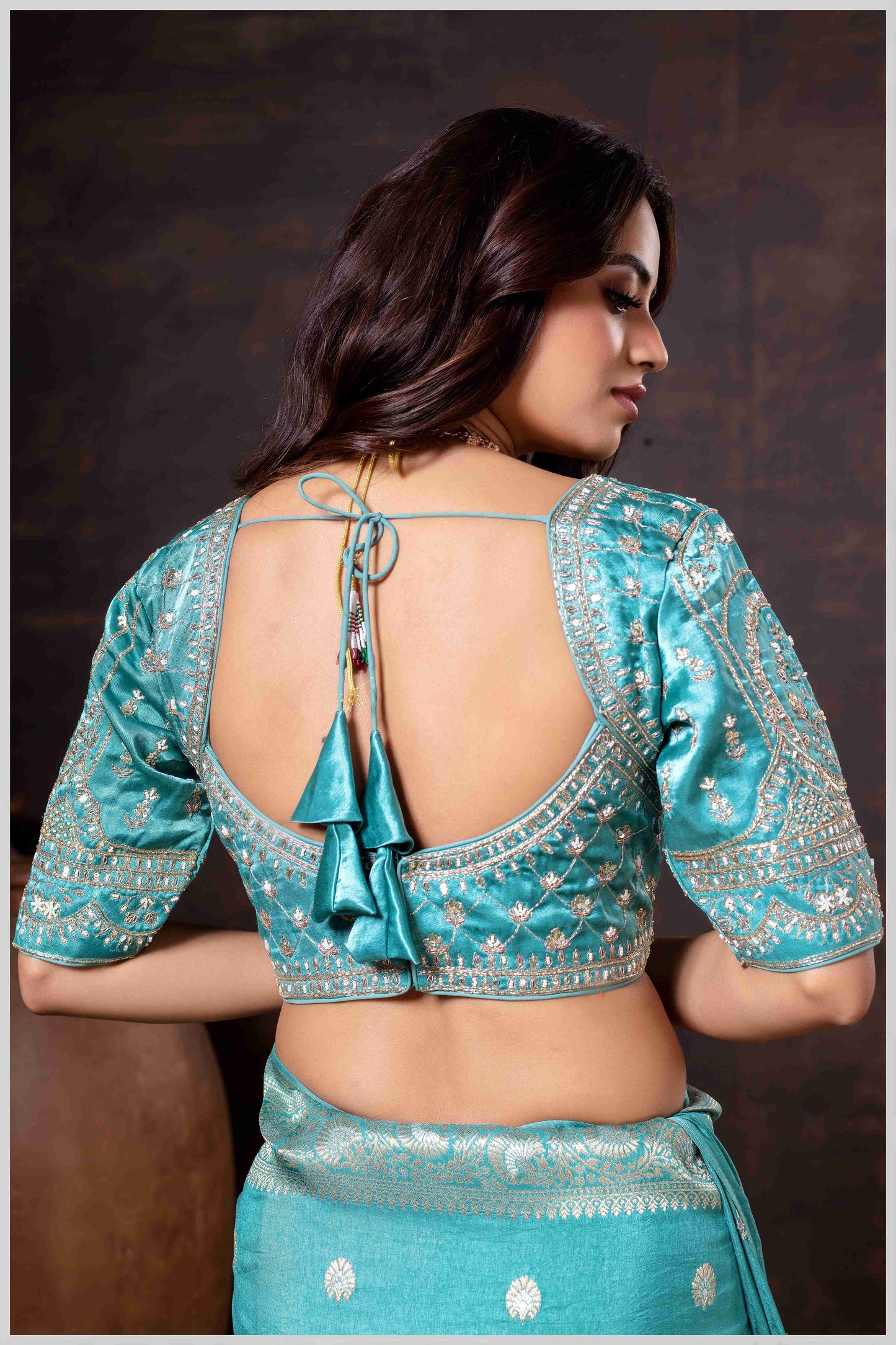 Charming Turquoise Banarasi Silk Saree with Embroidered Designer Blouse