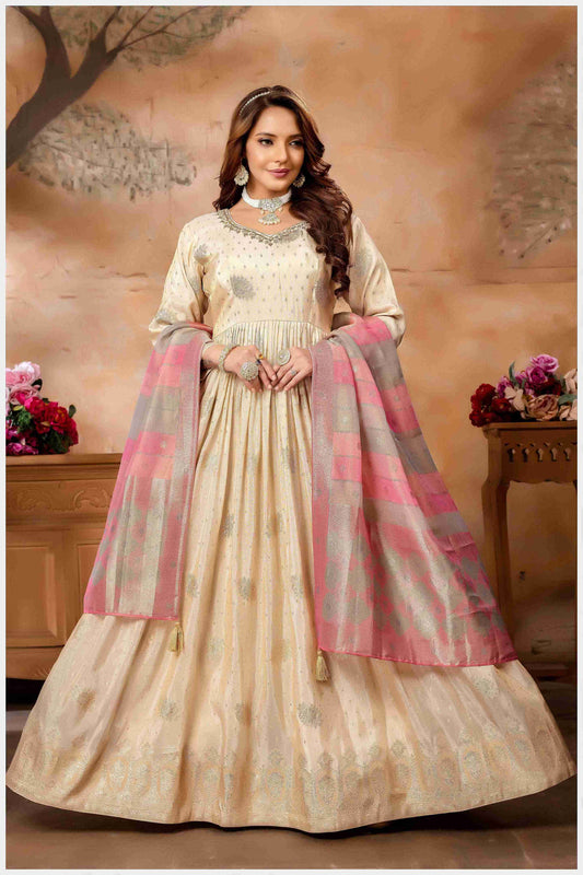 Elegant Beige Anarkali Gown with Dupatta