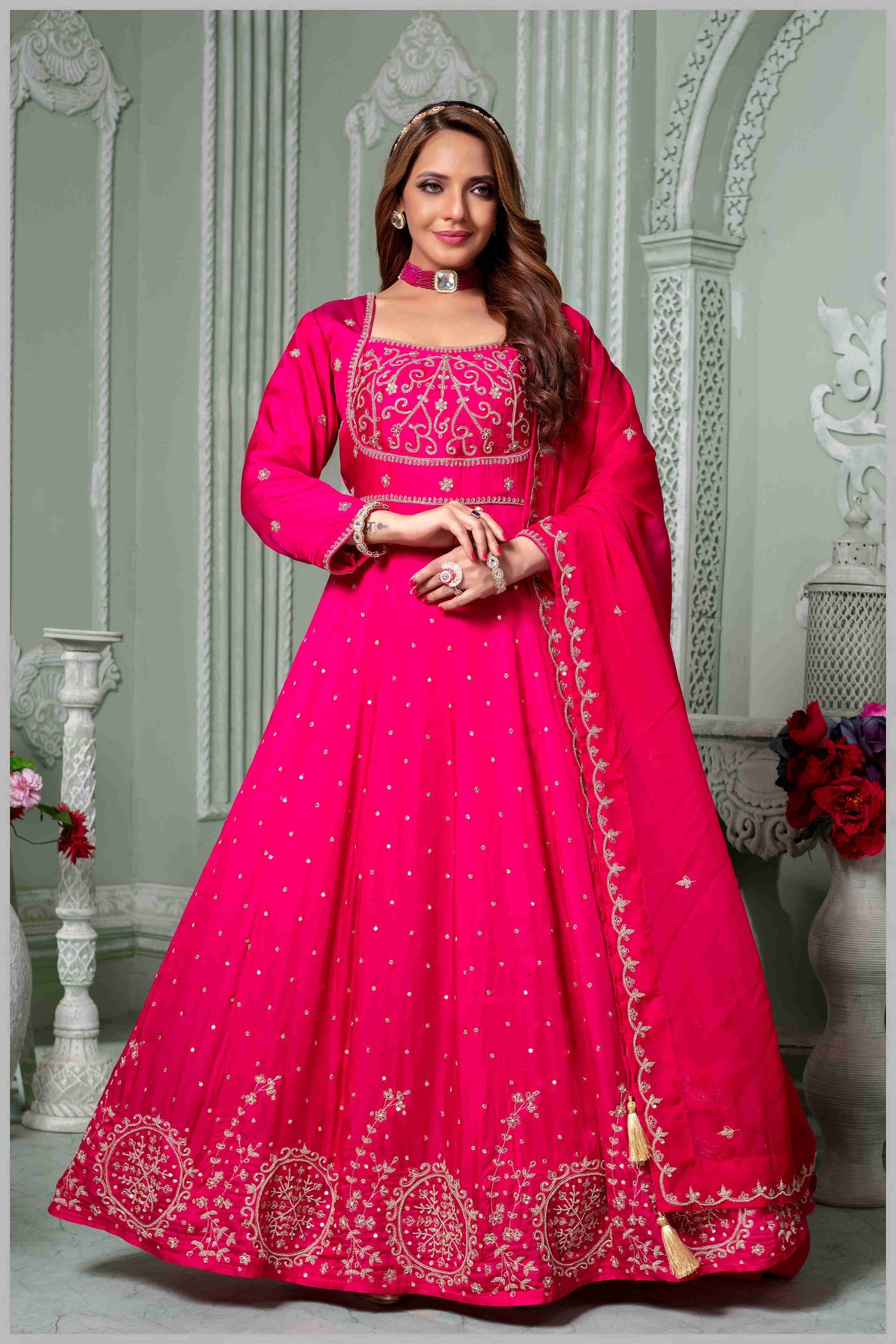 Dark Pink Embroidered Anarkali Set.