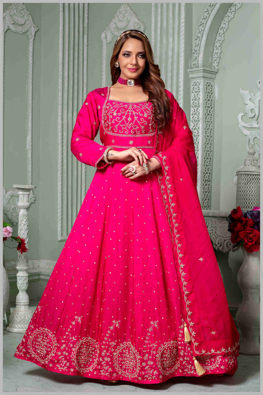 Dark Pink Embroidered Anarkali Set.
