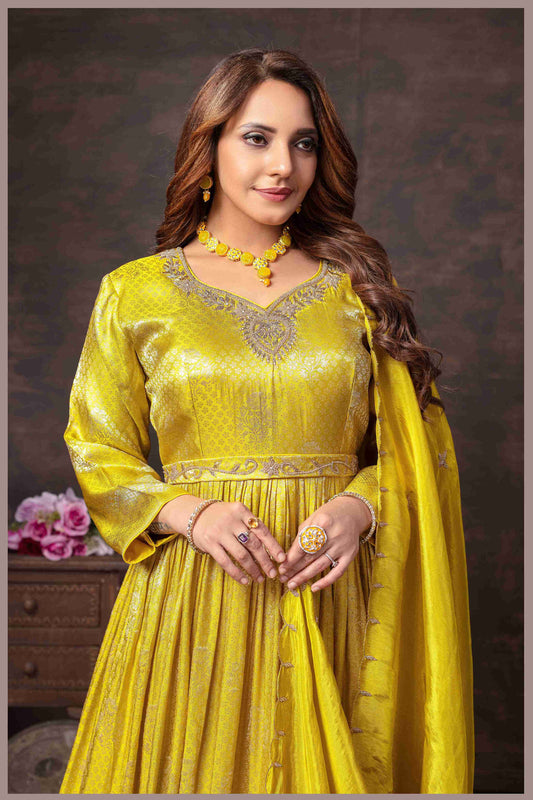 Lime Yellow Tissue Anarkali Gown