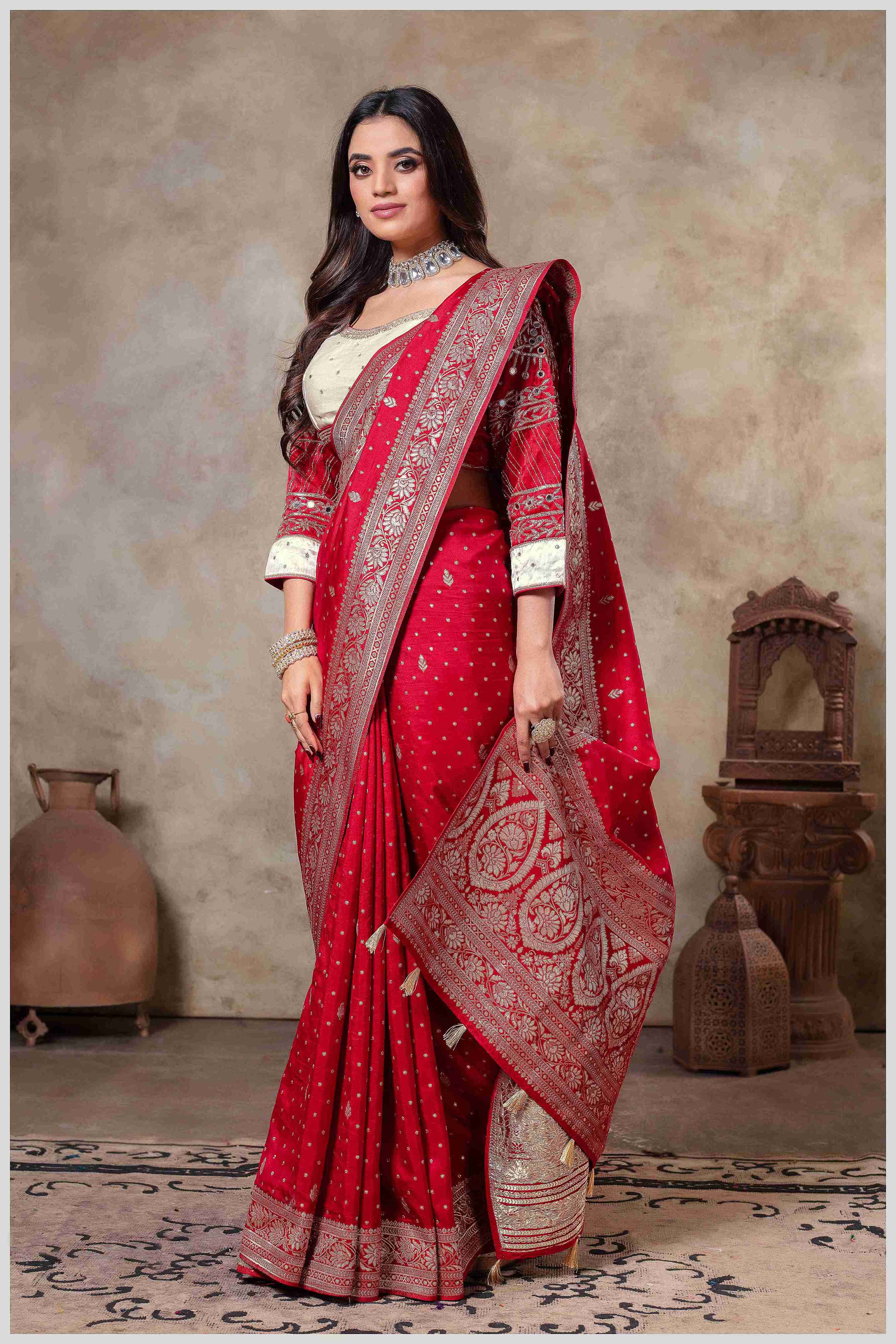 Red Banarasi Silk Saree with Stitched Blouse