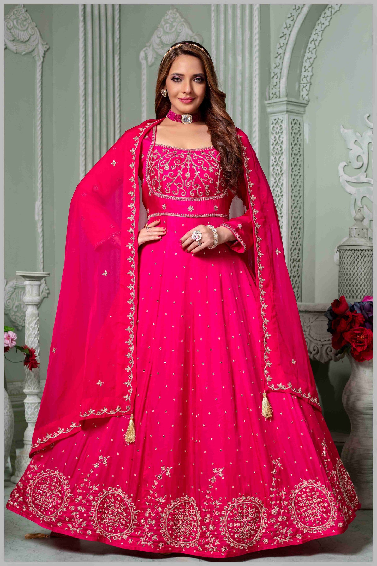Dark Pink Embroidered Anarkali Set.