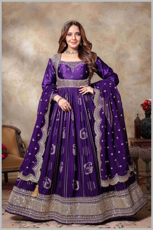 Purple Banarasi Silk Anarkali Gown with Sequin Embroidery Dupatta