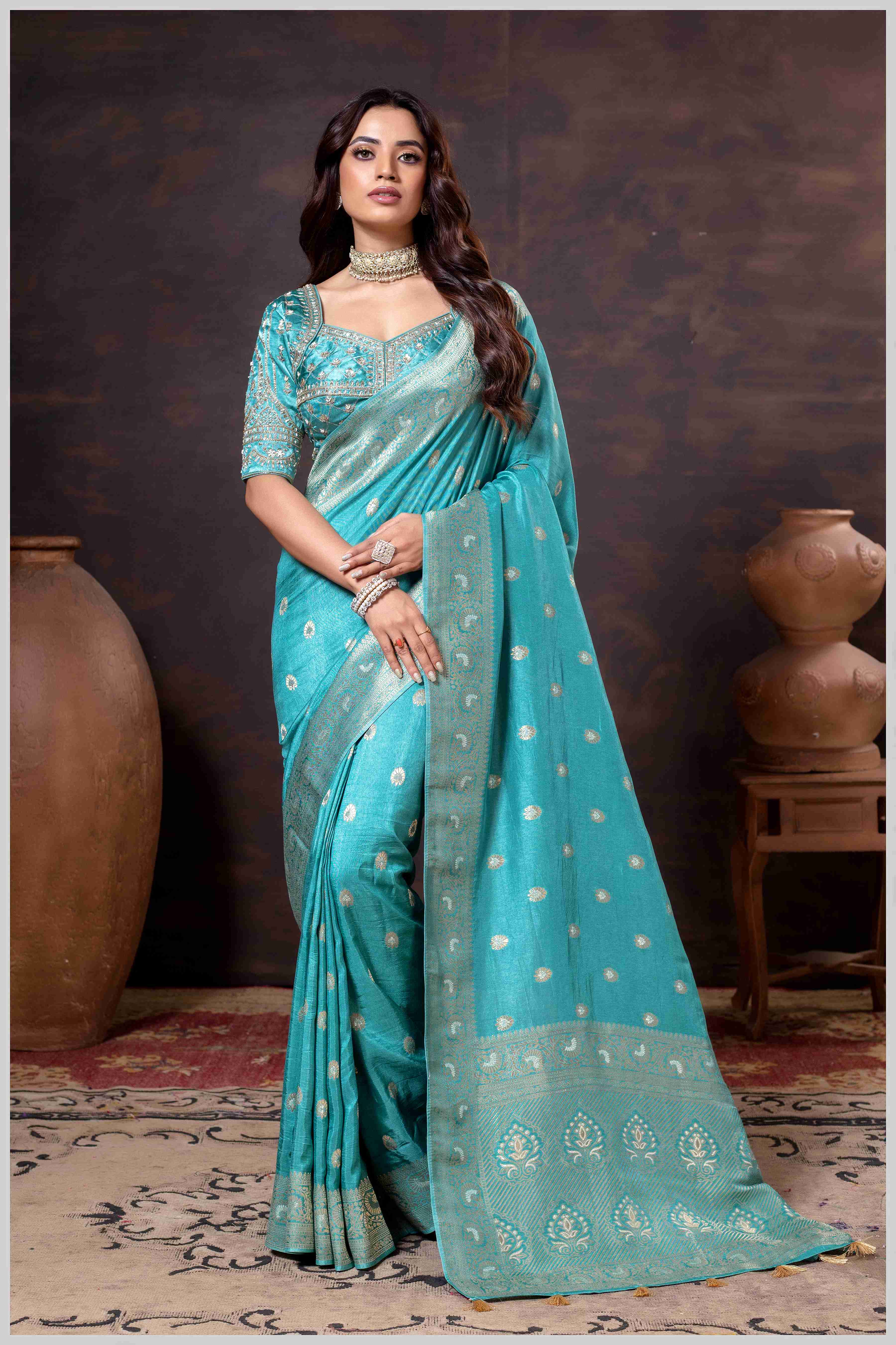 Charming Turquoise Banarasi Silk Saree with Embroidered Designer Blouse