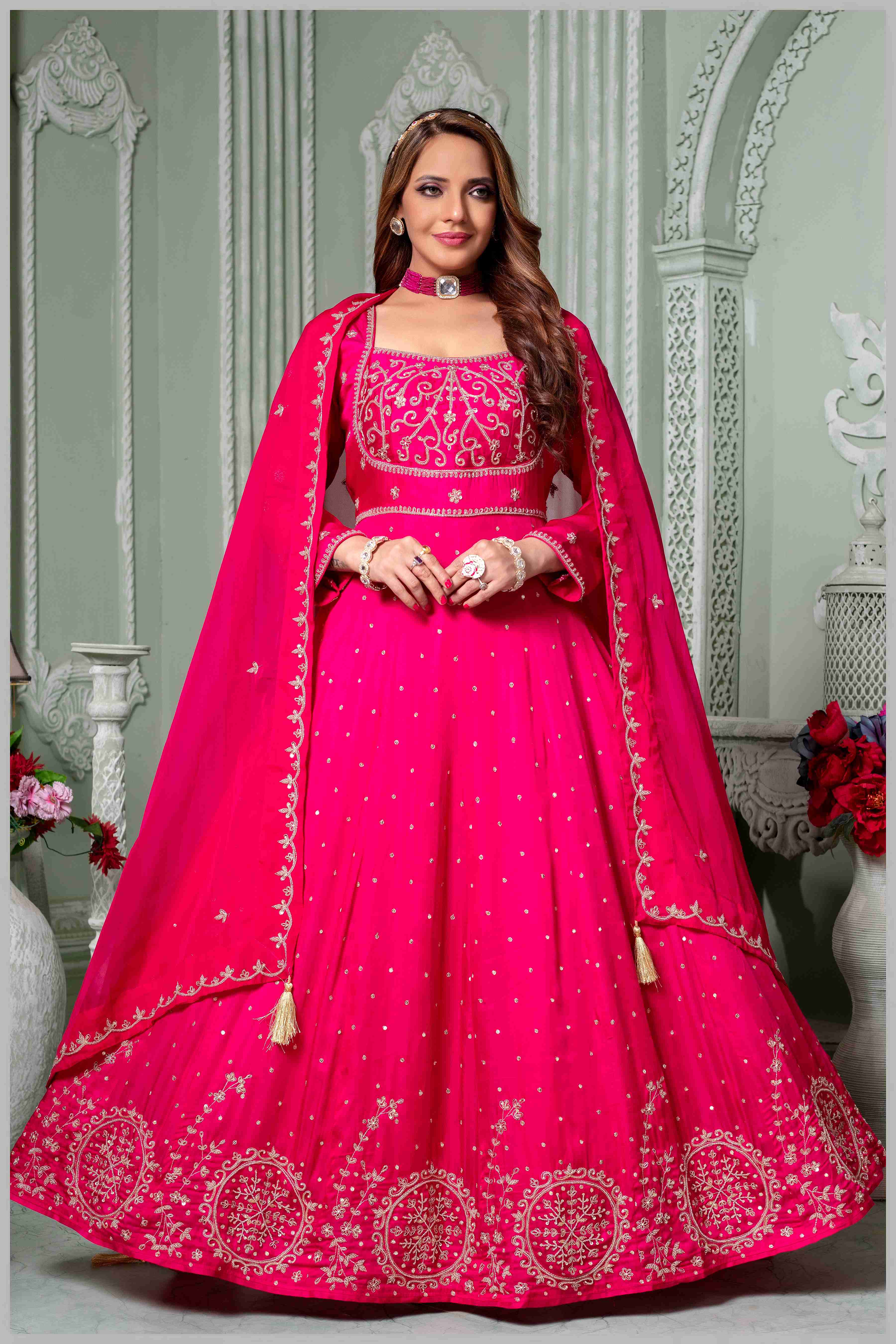 Dark Pink Embroidered Anarkali Set.
