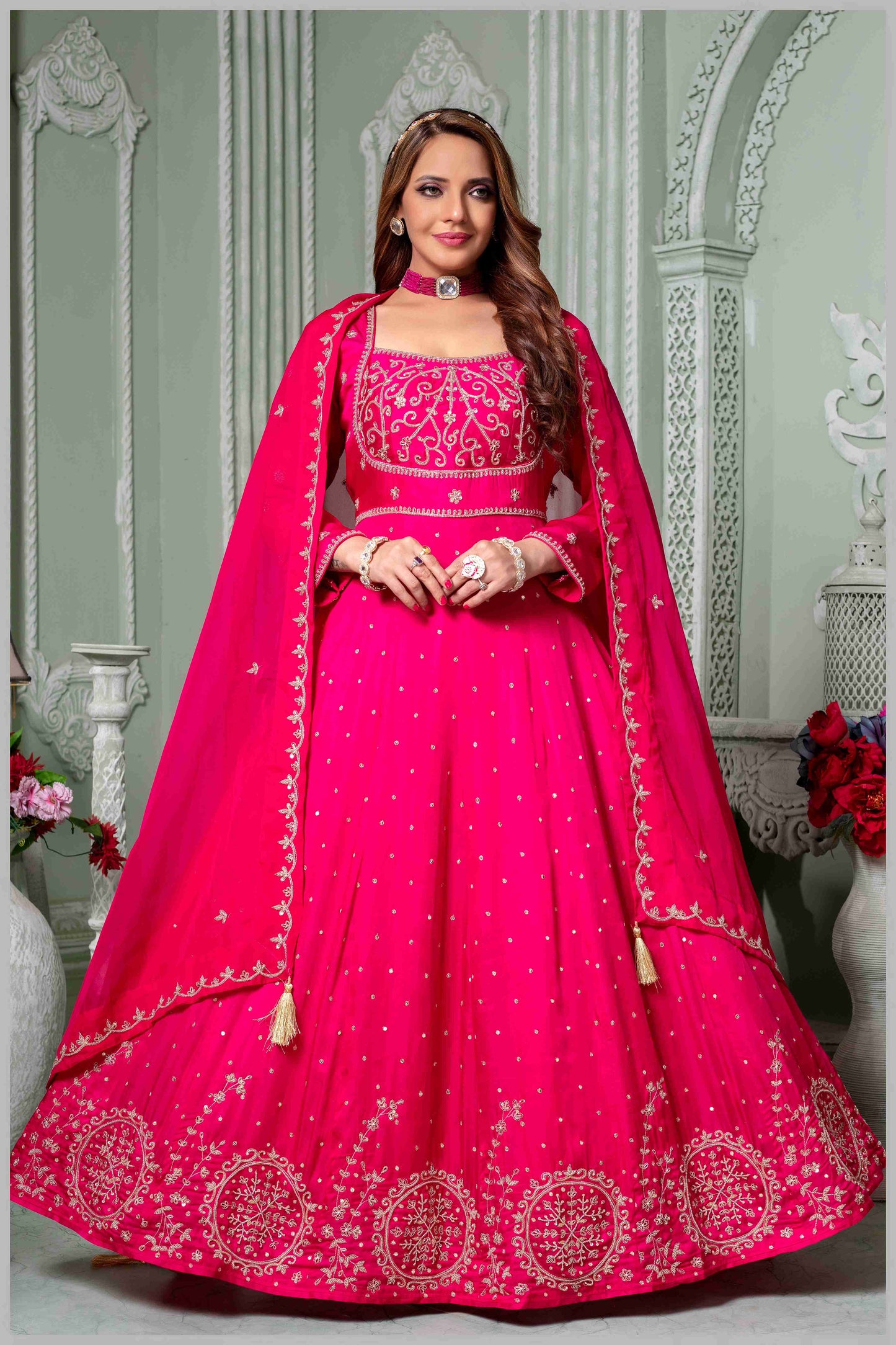 Dark Pink Embroidered Anarkali Set.