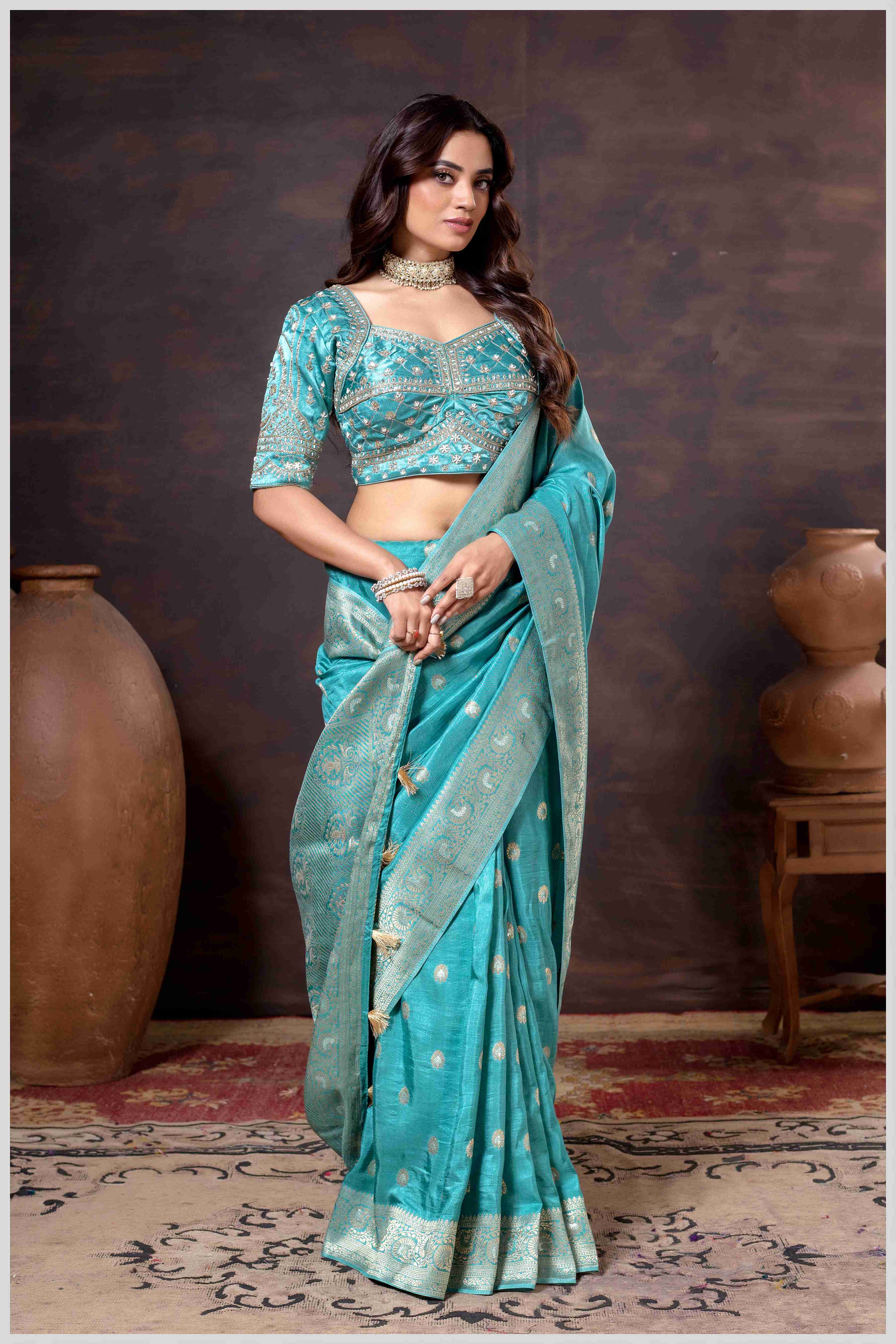 Charming Turquoise Banarasi Silk Saree with Embroidered Designer Blouse