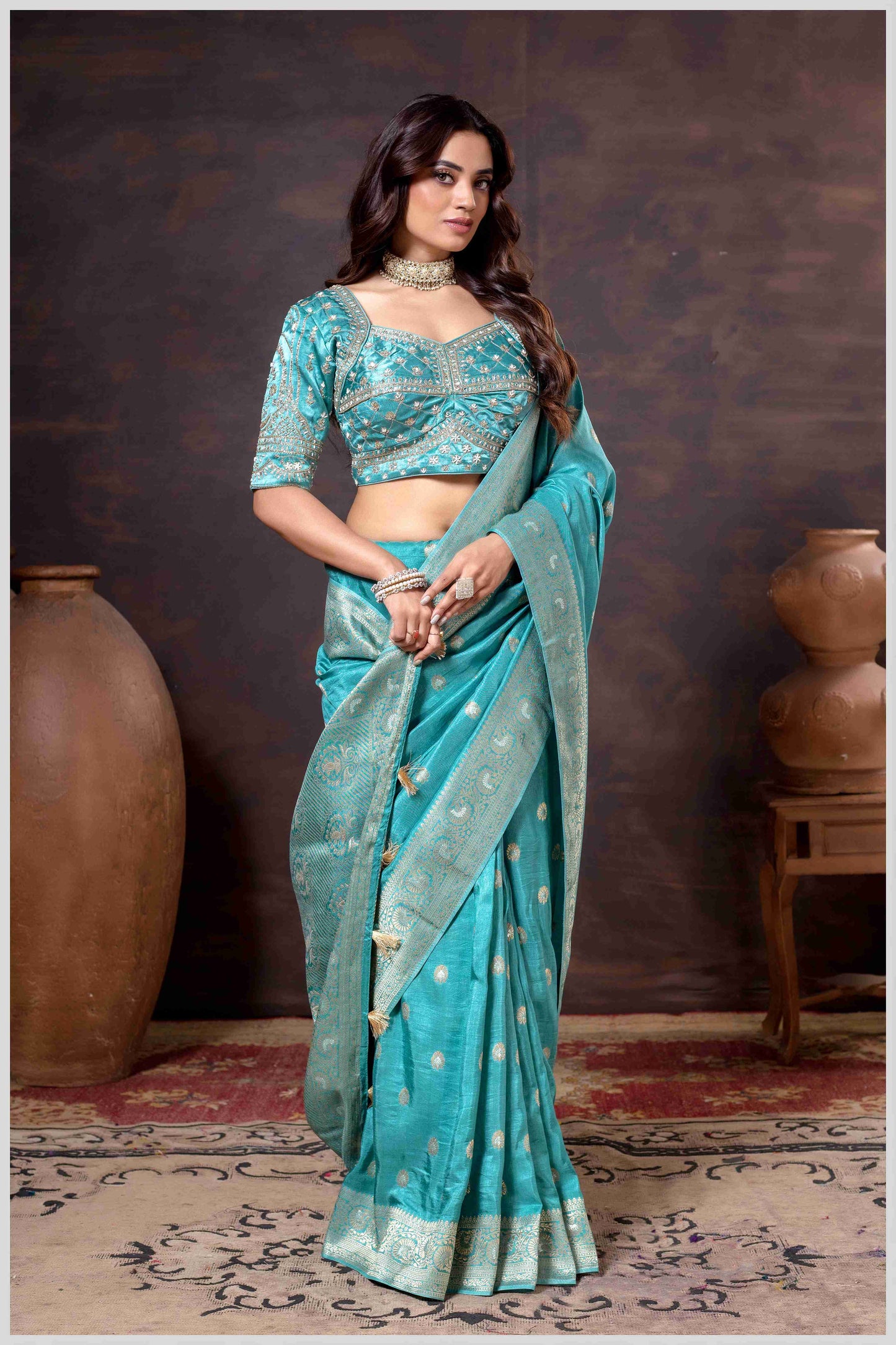 Charming Turquoise Banarasi Silk Saree with Embroidered Designer Blouse